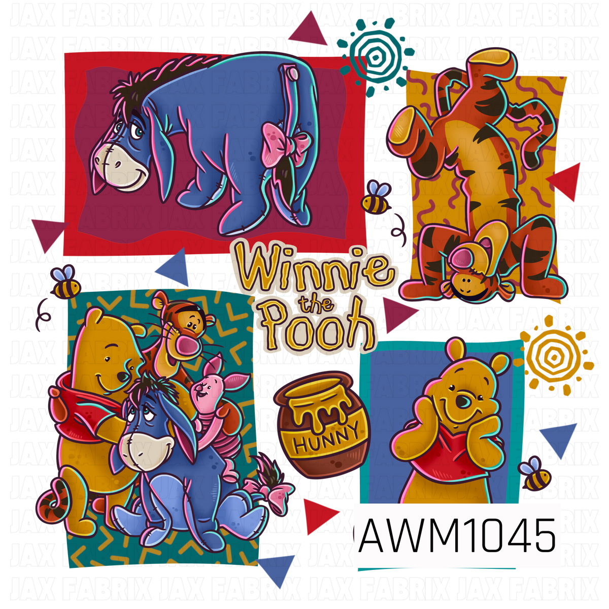 A colorful, retro-inspired Winnie the Pooh PNG featuring Pooh, Eeyore, Tigger, and Piglet in playful poses. Bold geometric shapes, funky squiggles, scattered triangles, buzzing bees, and whimsical sunbursts surround the characters in shades of mustard yellow, teal, dusty blue, red, and purple. A sweet honey pot and vintage-style Winnie the Pooh lettering complete this fun, nostalgic design.
