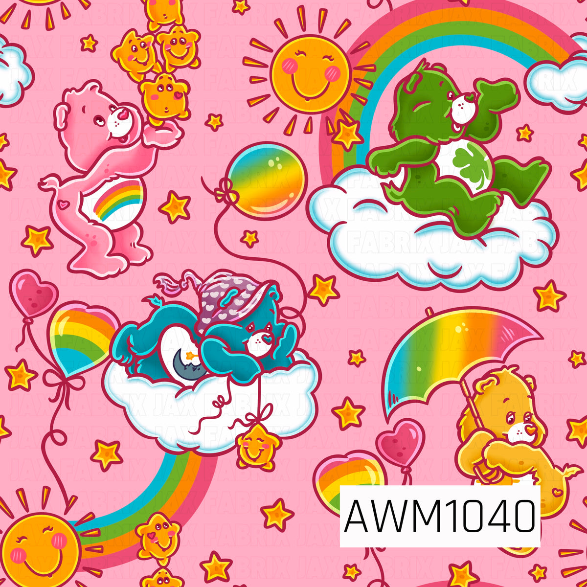 A bright and playful seamless pattern featuring adorable retro-inspired Care Bears in shades of pink, yellow, green, and teal. Set against a soft bubblegum pink background, the design features bears lounging on fluffy white clouds, floating with rainbow umbrellas, and playing beneath colorful rainbows. Smiling suns, cheerful stars, heart-shaped balloons, and whimsical little star characters add a sweet, nostalgic touch.