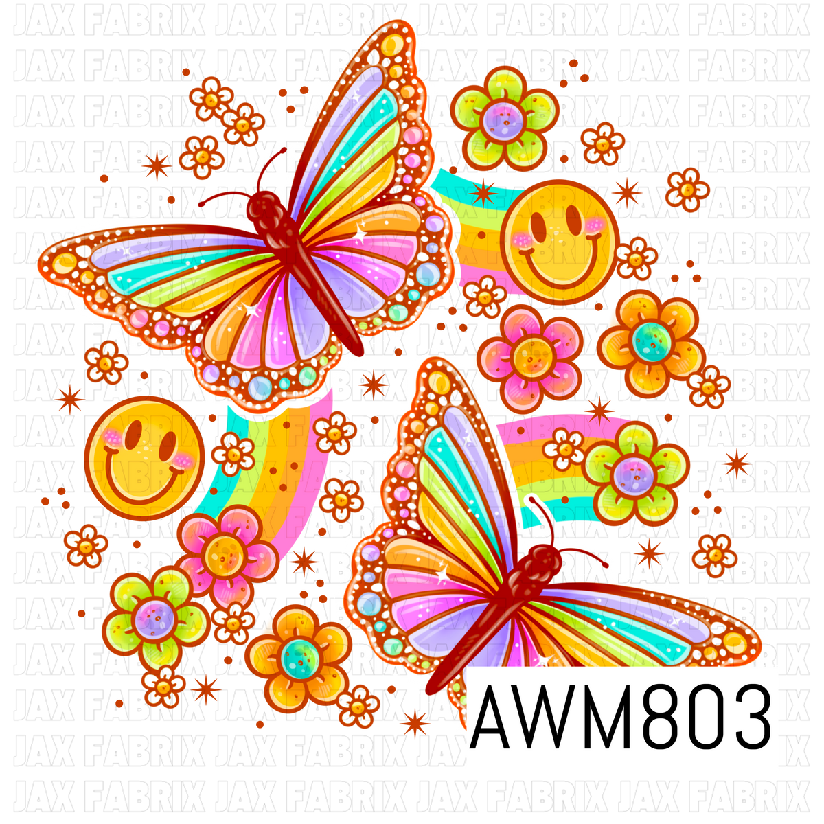 A cheerful retro-inspired seamless pattern featuring vibrant rainbow butterflies with jeweled wings, colorful daisy flowers, smiling faces, tiny blossoms, and sparkling stars scattered across a soft pink background. Bright pastel hues and whimsical details create a fun, groovy design perfect for spring, summer, and playful crafting projects.