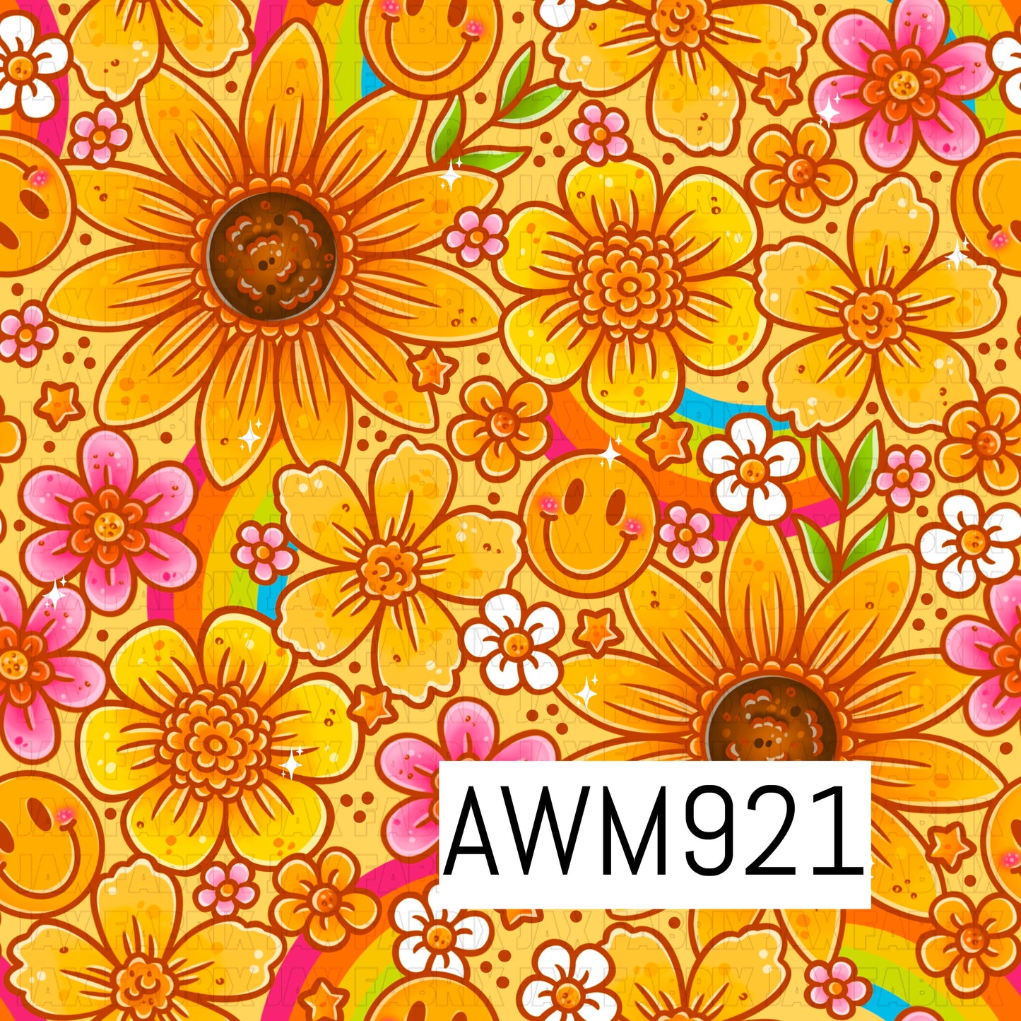 This file features a vibrant retro floral pattern filled with oversized sunflowers, daisies, and whimsical blooms in warm shades of yellow, orange, pink, and white. Smiley faces, rainbow accents, sparkles, and scattered floral details add a cheerful 1970s-inspired vibe against a soft golden background. The bright, groovy aesthetic makes this design perfect for boho, hippie, summer, and retro-themed fabric, bow, and accessory projects.