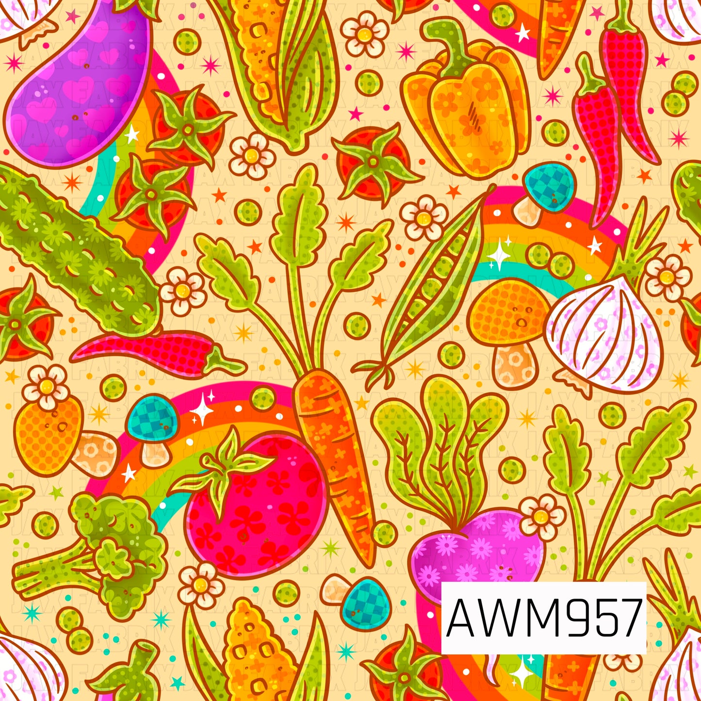 A vibrant and whimsical design featuring an assortment of colorful garden vegetables, including tomatoes, carrots, corn, peppers, peas, beets, broccoli, onions, mushrooms, and leafy greens. Bright rainbow accents, delicate flowers, and playful details create a cheerful farmer’s market and cottage garden aesthetic. Perfect for gardeners, homesteaders, farm stands, produce lovers, and fresh-from-the-garden themed creations.