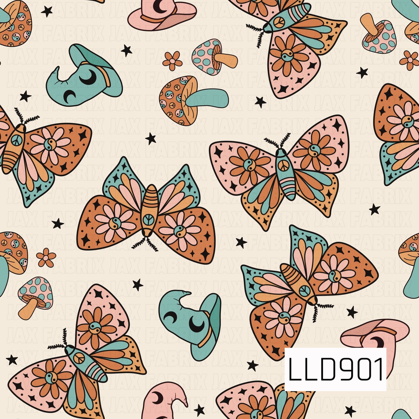 A whimsical boho-inspired pattern featuring decorative moths surrounded by mushrooms, witch hats, crescent moons, stars, and tiny flowers. Warm shades of rust, peach, pink, and golden orange pair with pops of teal, while peace signs, yin-yang details, and floral accents give the design a playful retro feel.