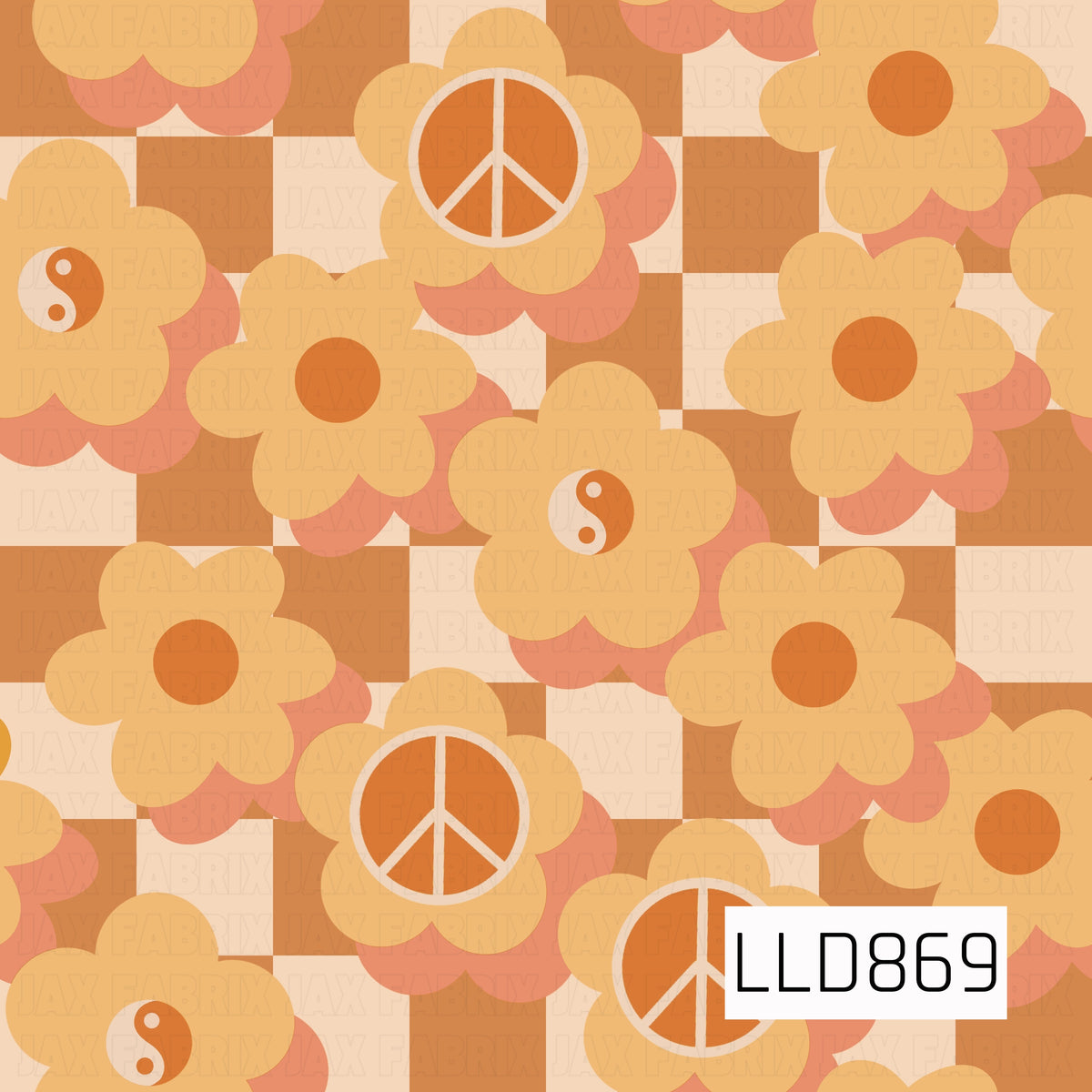 A warm retro floral design featuring oversized groovy flowers layered over a bold checkerboard background. Peace signs and yin-yang symbols are mixed throughout, with a vintage palette of mustard yellow, burnt orange, peach, and cream for a fun 70s-inspired look.