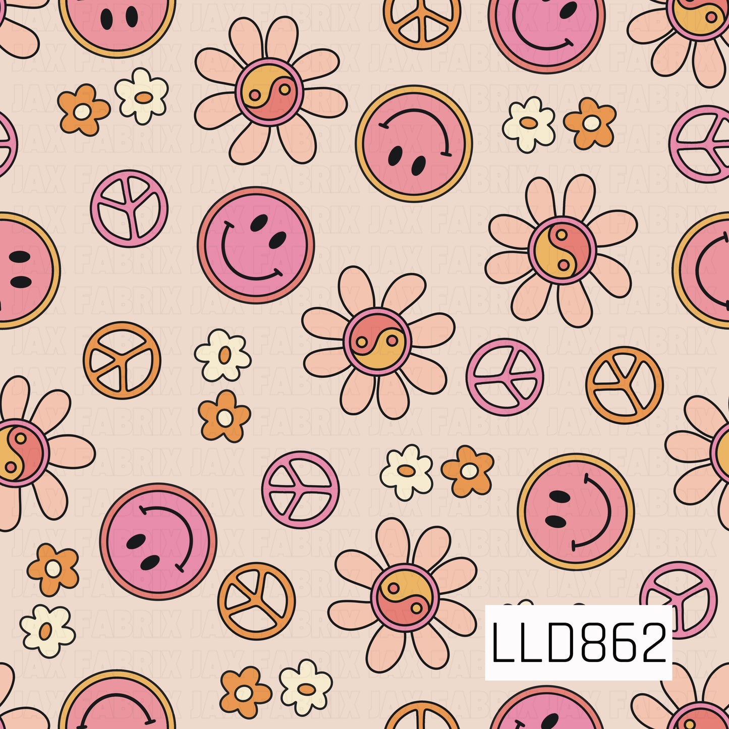 A fun retro-inspired design featuring bright pink smiley faces, peace signs, groovy daisies, and yin-yang accents. Warm shades of pink, coral, peach, orange, and golden yellow pop against a soft cream background for a playful vintage feel.