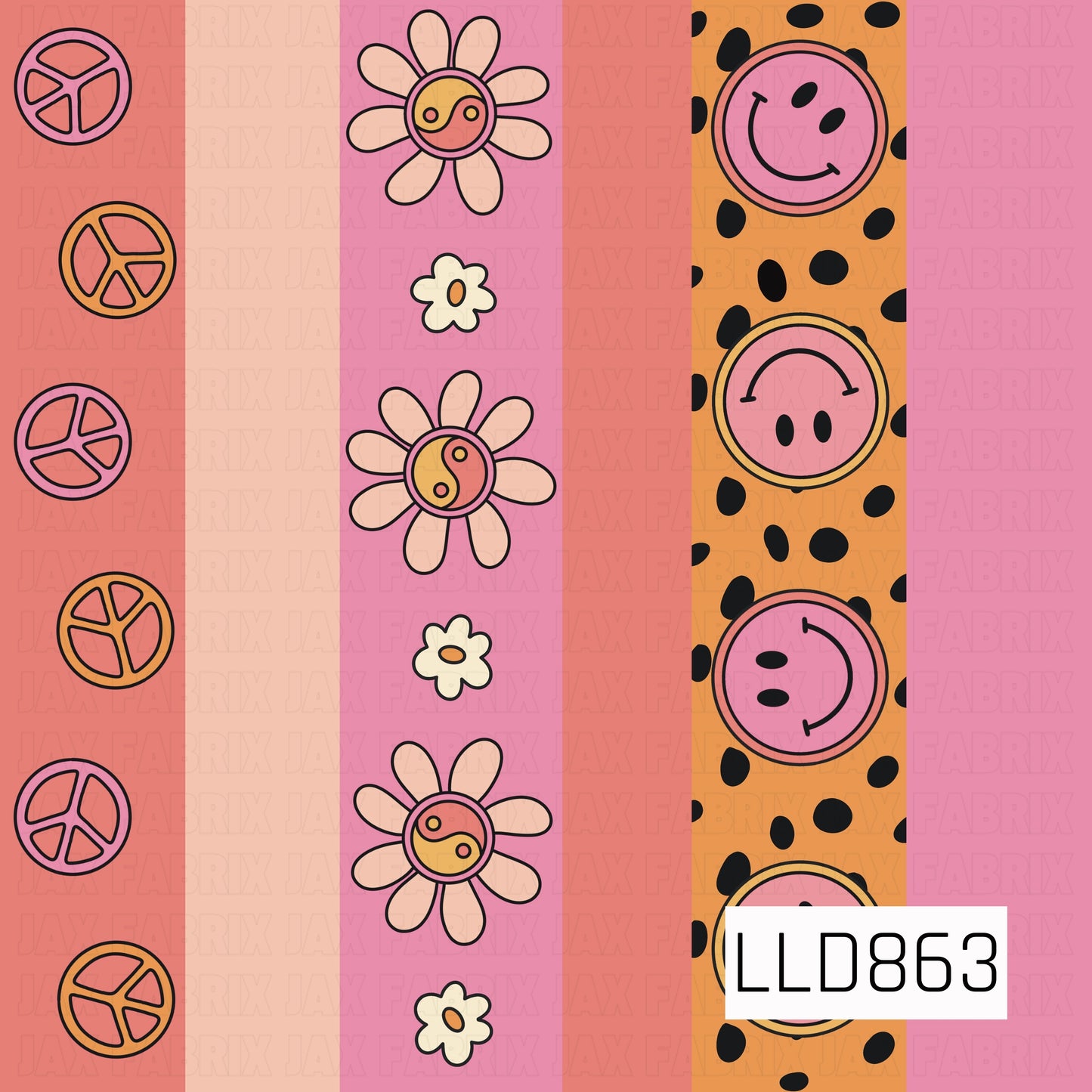 A playful retro stripe design featuring alternating bands of peace signs, groovy daisies, smiley faces, and bold black spots. A cheerful palette of coral, pink, peach, orange, and golden yellow gives it a fun vintage-inspired feel.
