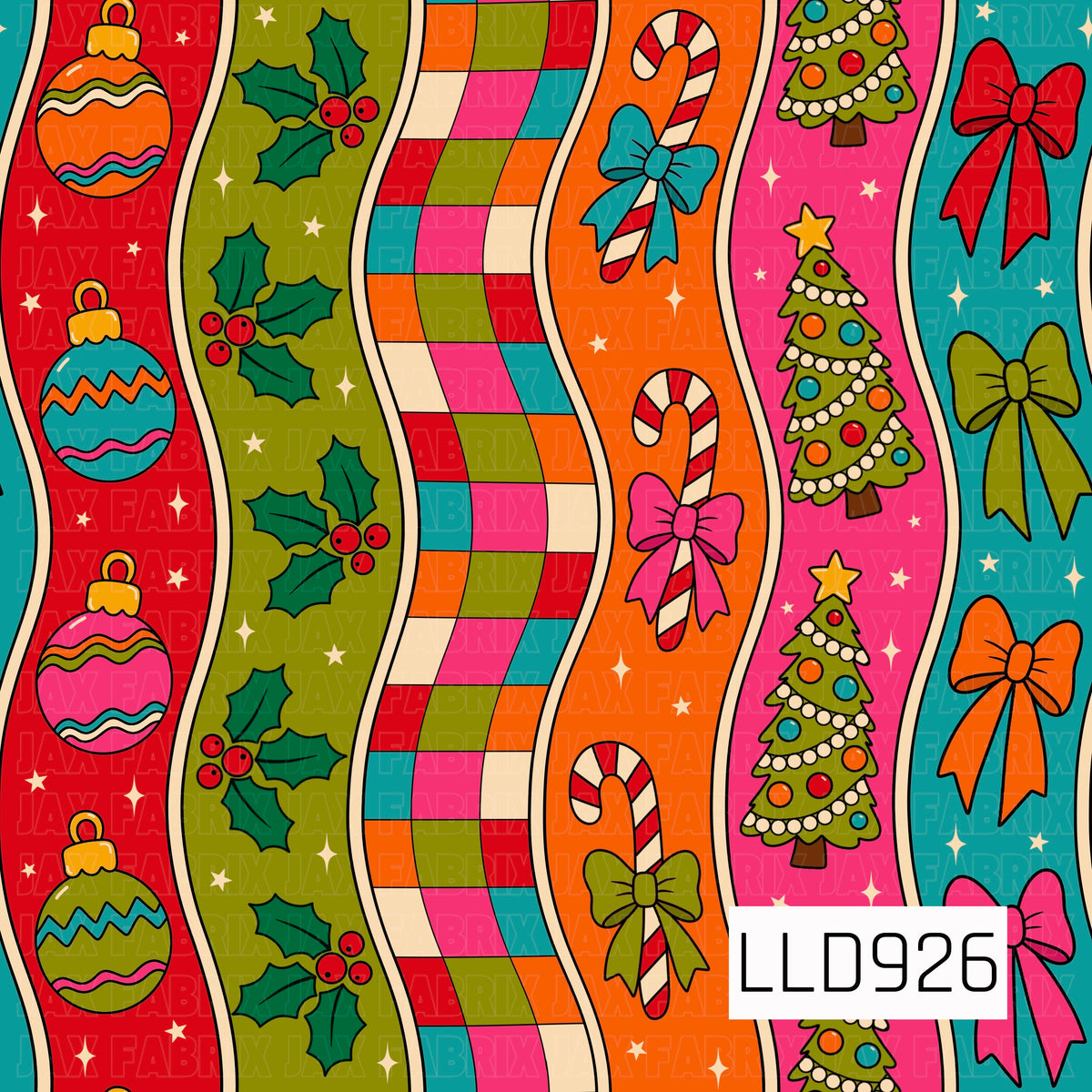 A playful retro Christmas stripe featuring wavy vertical bands filled with festive holiday designs. Colorful ornaments, holly berries, checkerboard blocks, candy canes with bows, decorated Christmas trees, and oversized bows are mixed with scattered stars in vibrant red, pink, orange, teal, olive green, and cream.