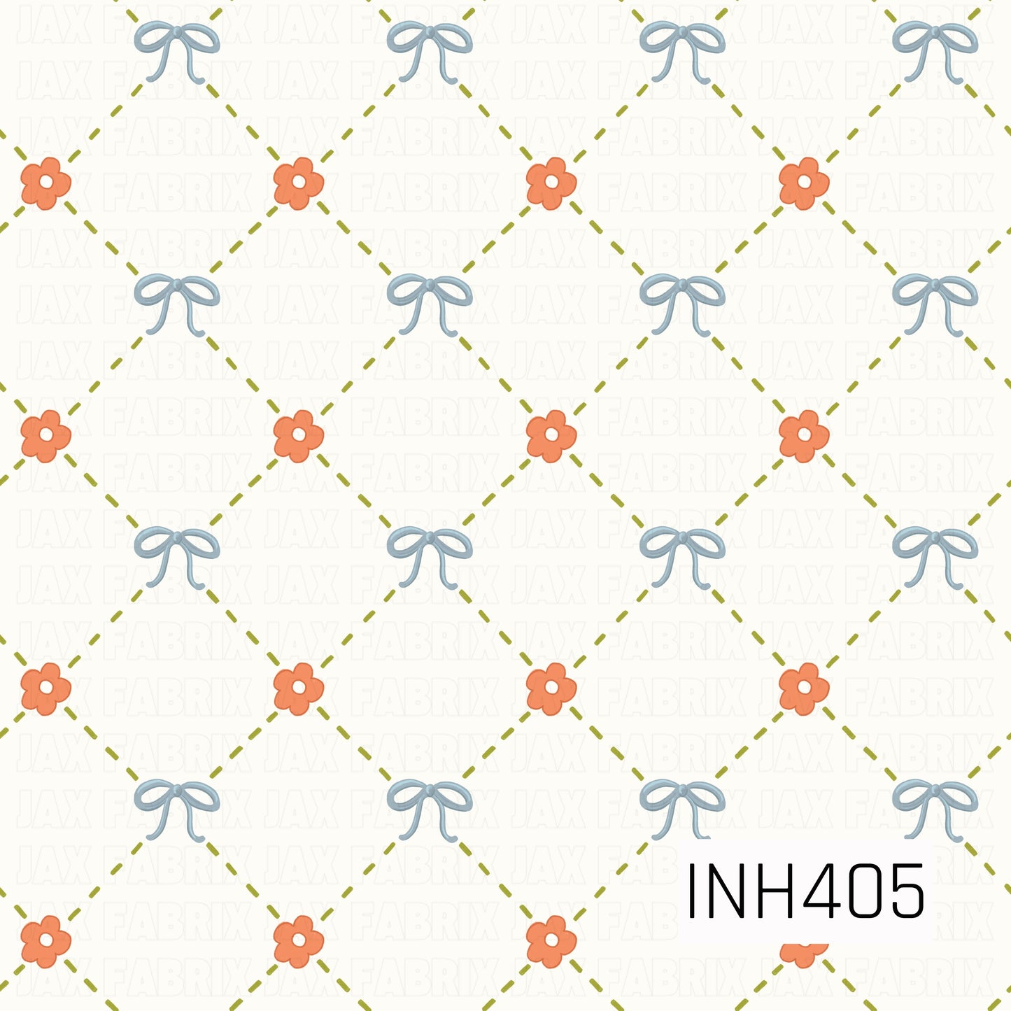 A playful diamond lattice formed by bold olive-green dashed lines, alternating soft blue bows and coral flowers on a warm ivory background.