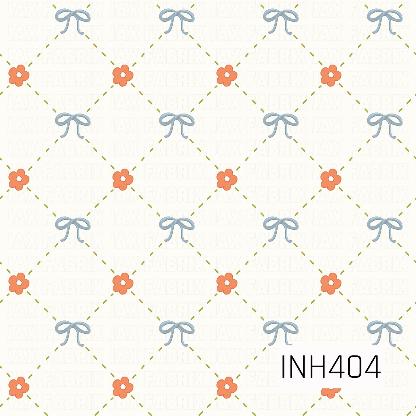 A delicate diamond lattice formed with olive-green dashed lines, alternating soft blue bows and coral flowers on a warm ivory background.