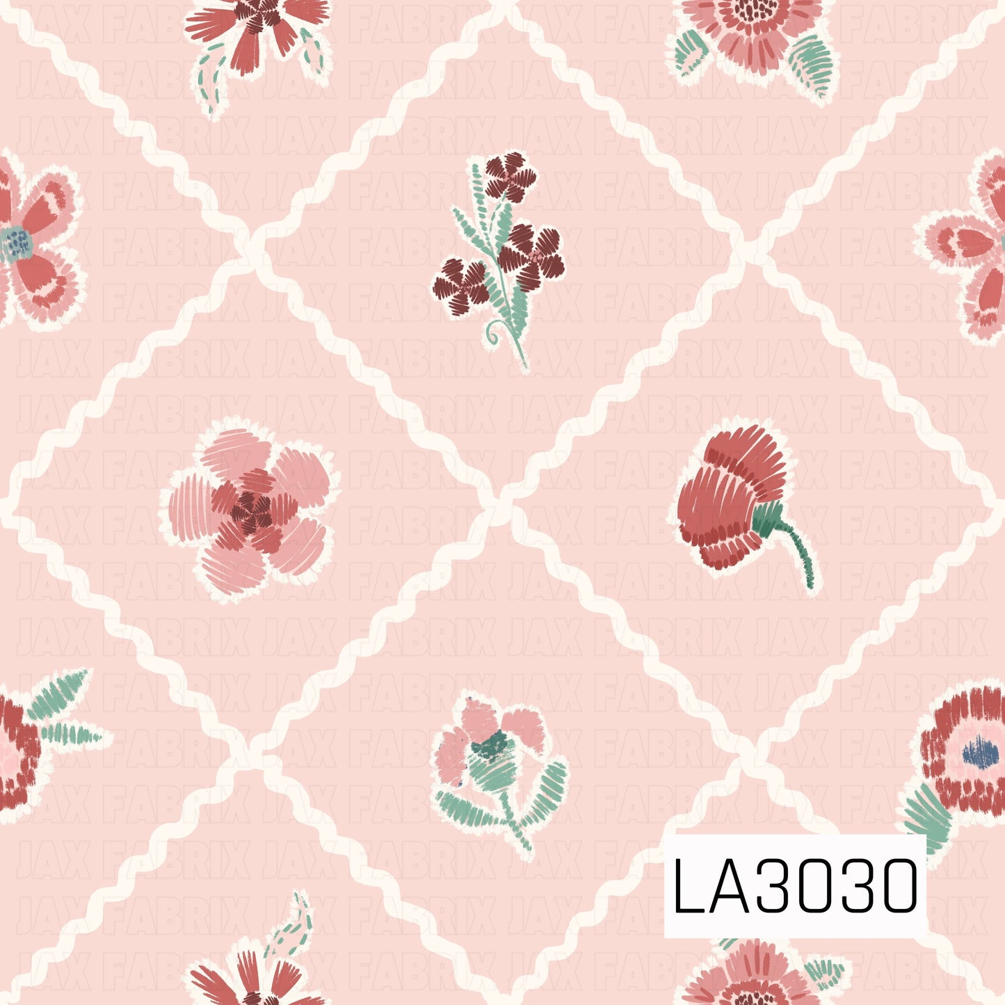 A sweet vintage-inspired floral featuring scattered coral, blush, and mint blooms framed inside a soft cream rickrack lattice. The pale pink background and stitched, handcrafted texture give it a charming retro cottage feel.