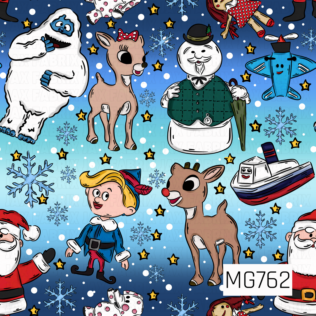 A playful vintage-inspired Christmas design featuring adorable holiday characters, including red-nosed reindeer, a fluffy snow monster, a cheerful snowman, Santa Claus, a festive little elf, and whimsical winter toys. Scattered blue snowflakes, white snow dots, and yellow stars decorate a beautiful gradient background transitioning from deep navy blue to bright icy blue and turquoise. Bold black outlines and colorful cartoon details give this design a fun, nostalgic holiday feel.