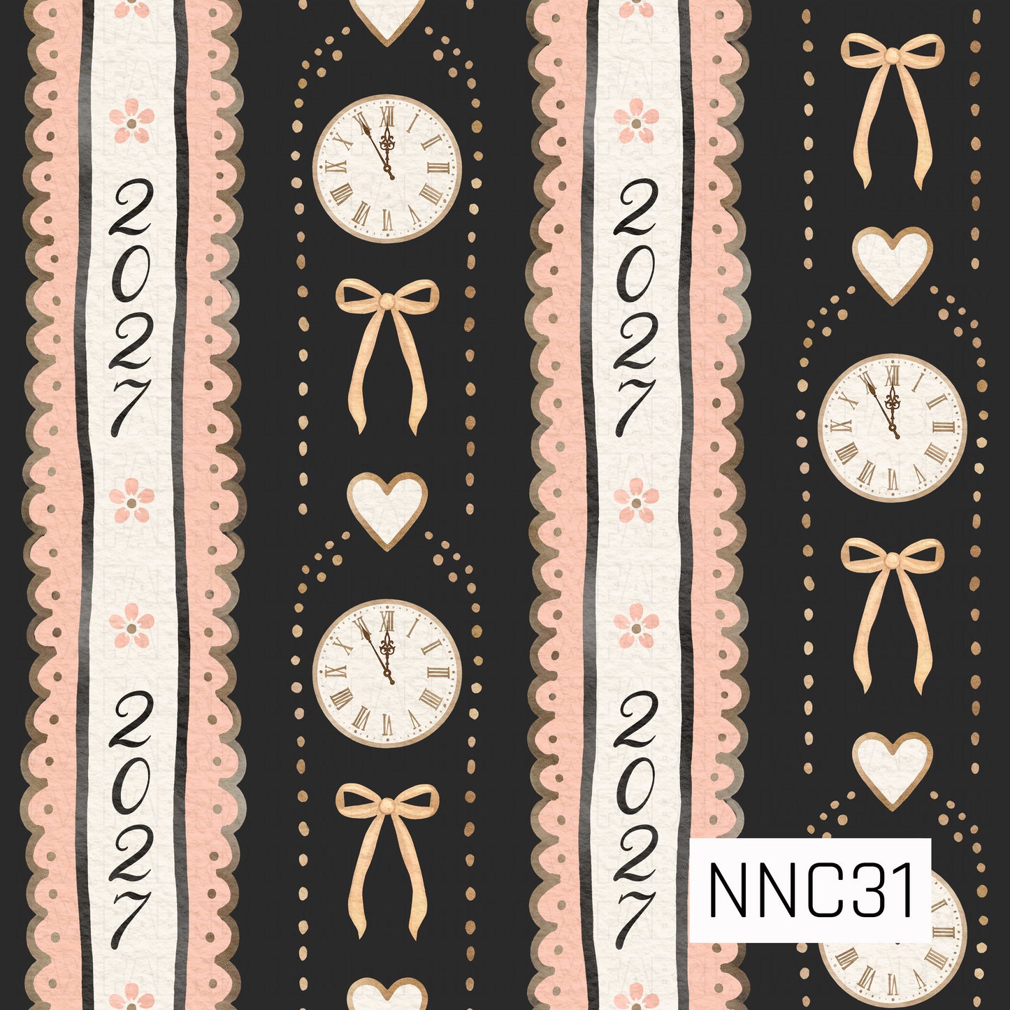 A vintage-inspired New Year pattern featuring midnight clocks, delicate bows, hearts, tiny flowers, dotted accents, and scalloped blush-and-cream “2027” panels against a dramatic black background.
