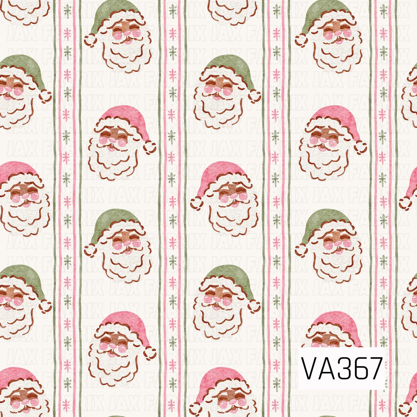 A sweet watercolor Christmas pattern featuring cheerful Santa faces in alternating pink and sage green hats. Vertical decorative stripes with tiny pink and green starbursts separate the Santas, all set against a soft cream background for a charming vintage-inspired holiday look.