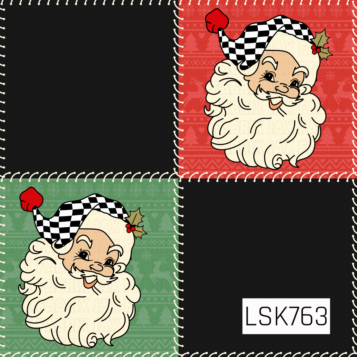 A playful retro Christmas patchwork design featuring cheerful vintage Santa faces in black and white checkered hats with holly accents. Red and green holiday sweater-inspired backgrounds alternate with solid black squares, all finished with a whimsical cream stitched border.