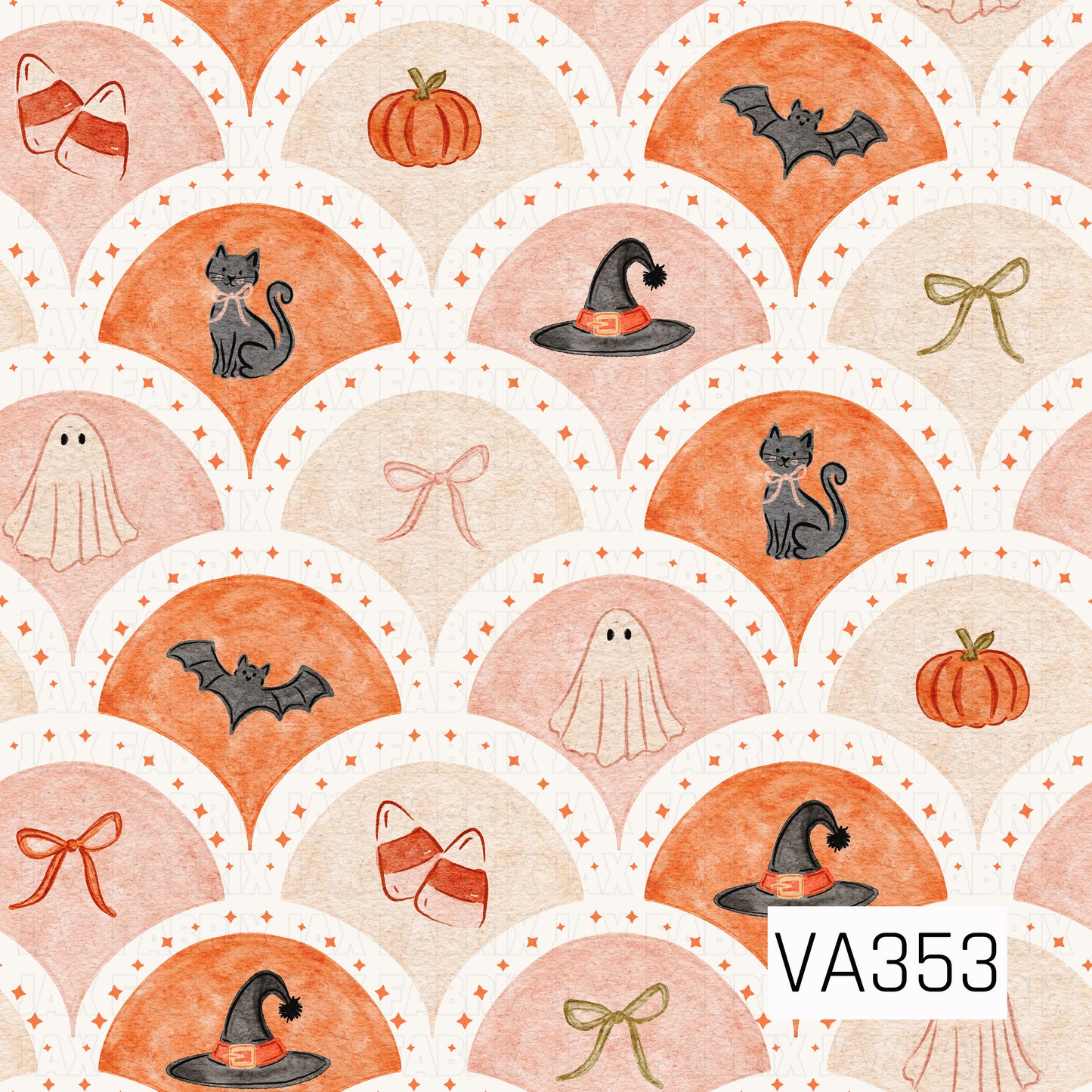 A whimsical Halloween pattern featuring scalloped arches filled with watercolor pumpkins, black cats, friendly ghosts, bats, witch hats, candy corn, and delicate bows in shades of orange, blush pink, cream, black, and olive green. Tiny orange stars scattered throughout add a soft vintage touch against the warm cream background.
