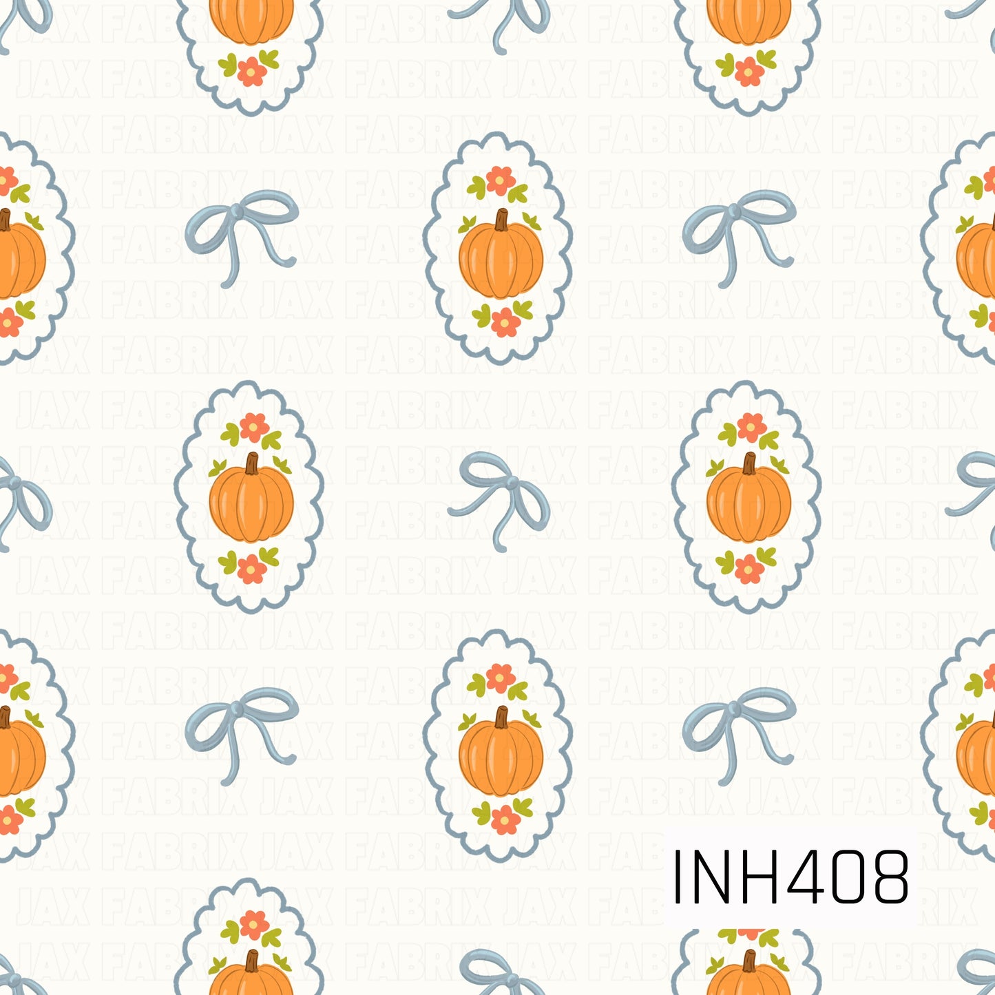A charming fall pattern featuring orange pumpkins framed by coral flowers and green leaves inside blue scalloped medallions, alternating with delicate blue bows on an ivory background.