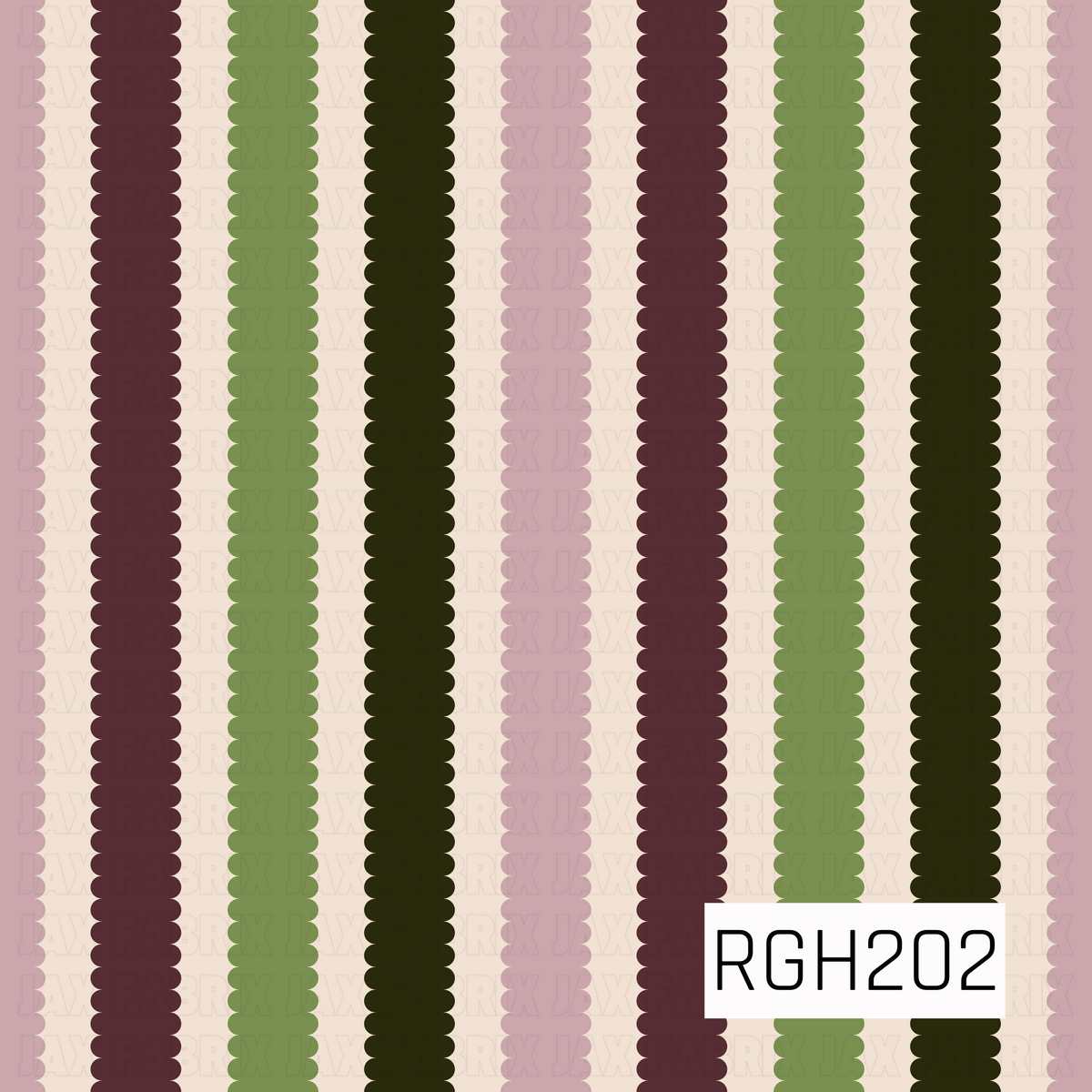 A charming retro-inspired stripe pattern featuring vertical scalloped stripes in deep plum, dark olive green, sage green, and dusty mauve pink. Each stripe is made up of repeating rounded, petal-like shapes, creating a soft, wavy edge against a warm cream background. The earthy color palette gives the design a cozy, vintage feel.