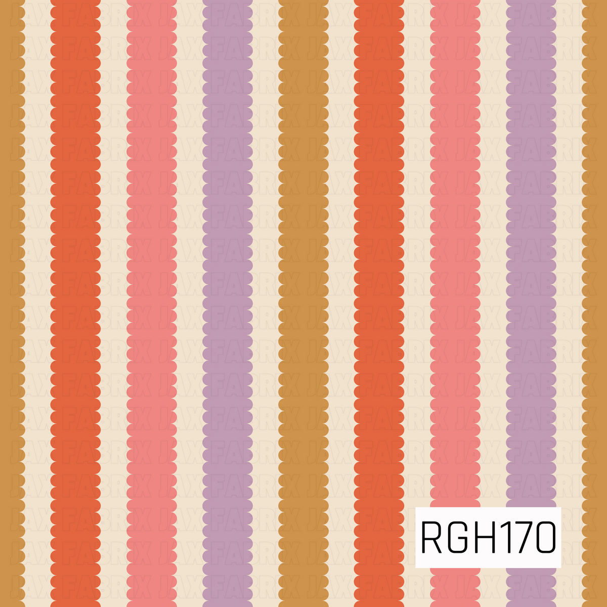 A playful retro-inspired stripe pattern featuring vertical rows of rounded, scalloped edges in warm mustard gold, vibrant burnt orange, soft coral pink, and muted lavender. Each colorful stripe is made up of repeating rounded shapes, creating a charming, textured appearance against a warm creamy ivory background. The cheerful color palette and whimsical scalloped detailing give this design a fun, vintage-inspired feel.