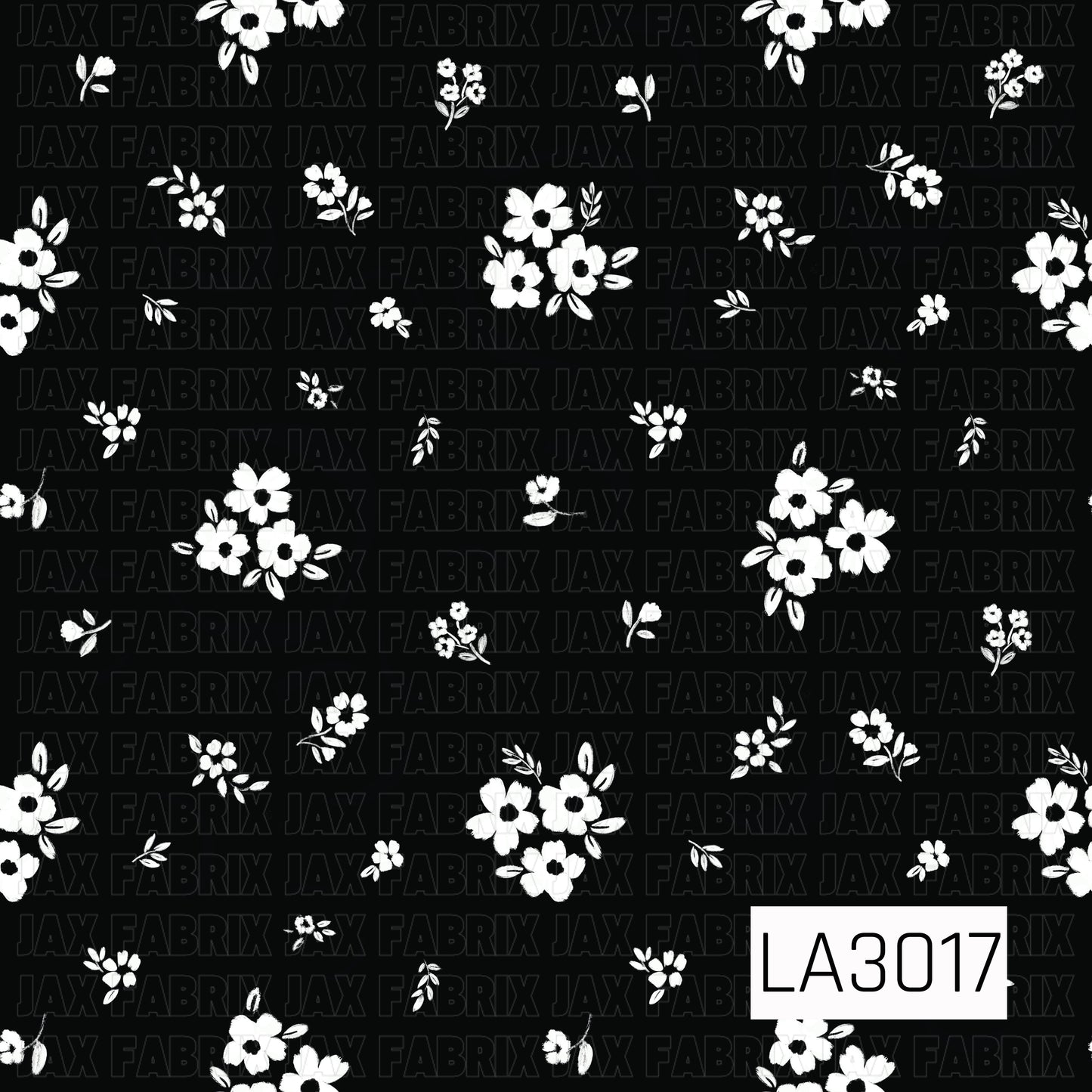 A black background with scattered white florals and tiny leafy sprigs, giving it a simple, sweet, and timeless look.