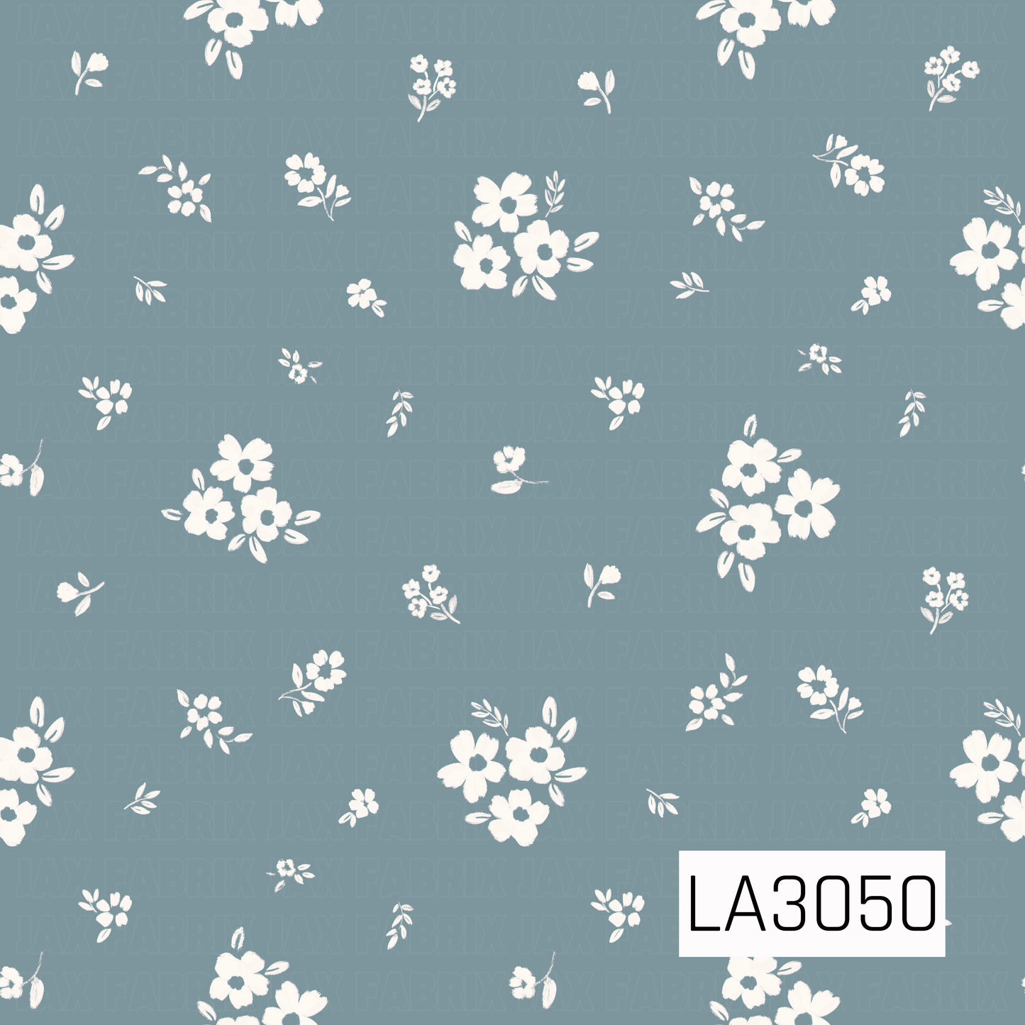 A sweet scattered floral featuring creamy white blossoms, tiny posies, and delicate leafy sprigs across a soft chambray blue background. The loose, hand-painted texture and spacious arrangement give it a charming vintage cottage feel.