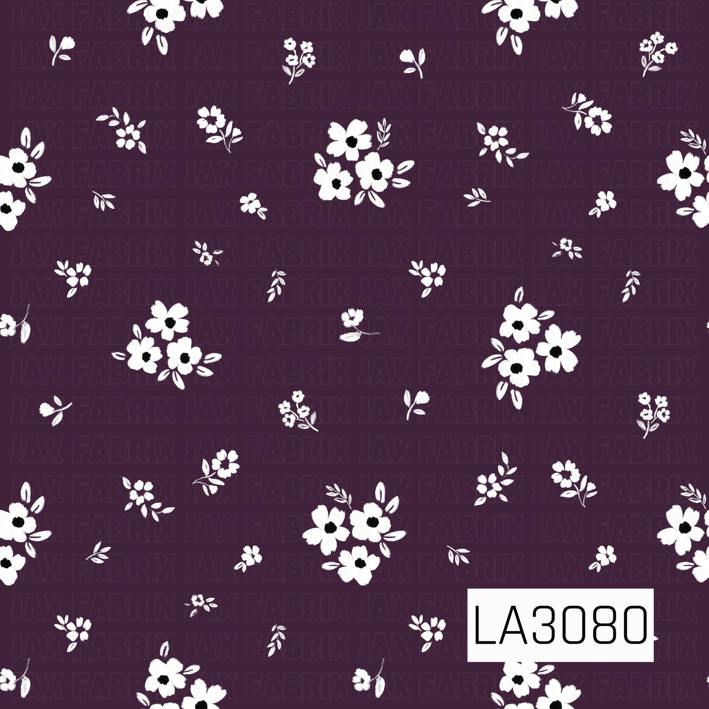 A delicate scattered floral pattern featuring crisp white blossoms, tiny flower clusters, and leafy sprigs on a deep plum-purple background. The airy arrangement and softly hand-painted texture give it a charming vintage cottage feel with a rich, dramatic contrast.