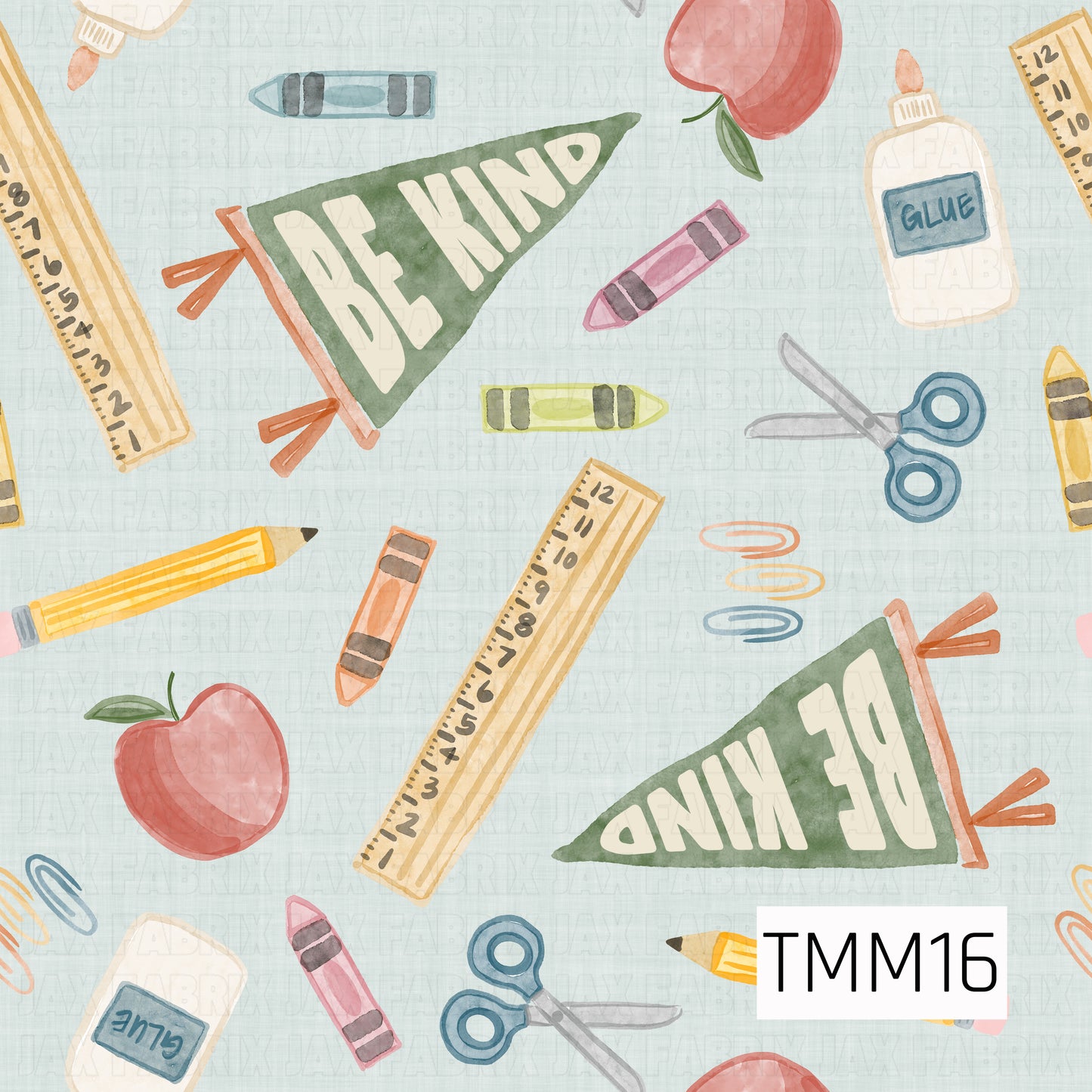 A playful watercolor pattern featuring school supplies, apples, crayons, scissors, rulers, glue bottles, paper clips, and “Be Kind” pennants scattered across a soft light blue linen background. Perfect for back-to-school, teacher gifts, and classroom-inspired creations.