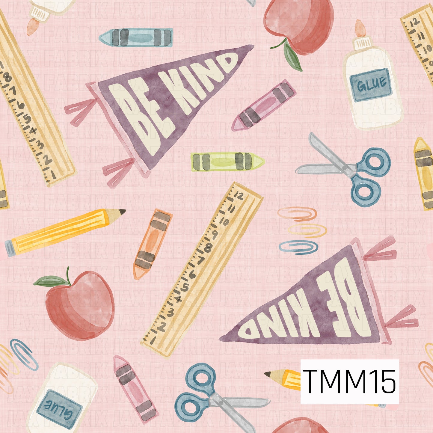 A playful watercolor pattern featuring school supplies, apples, crayons, scissors, rulers, glue bottles, paper clips, and “Be Kind” pennants scattered across a soft pink linen background. Perfect for back-to-school, teacher gifts, and classroom-inspired creations.