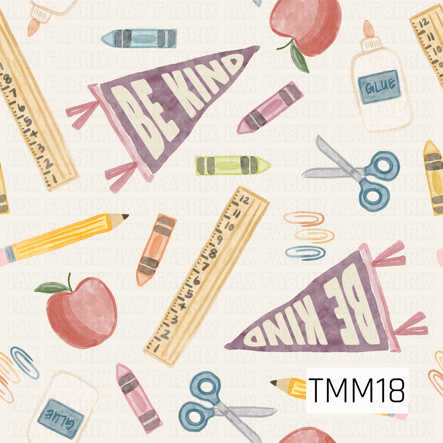 A playful watercolor pattern featuring school supplies, apples, crayons, scissors, rulers, glue bottles, paper clips, and “Be Kind” pennants scattered across a cream lbackground. Perfect for back-to-school, teacher gifts, and classroom-inspired creations.