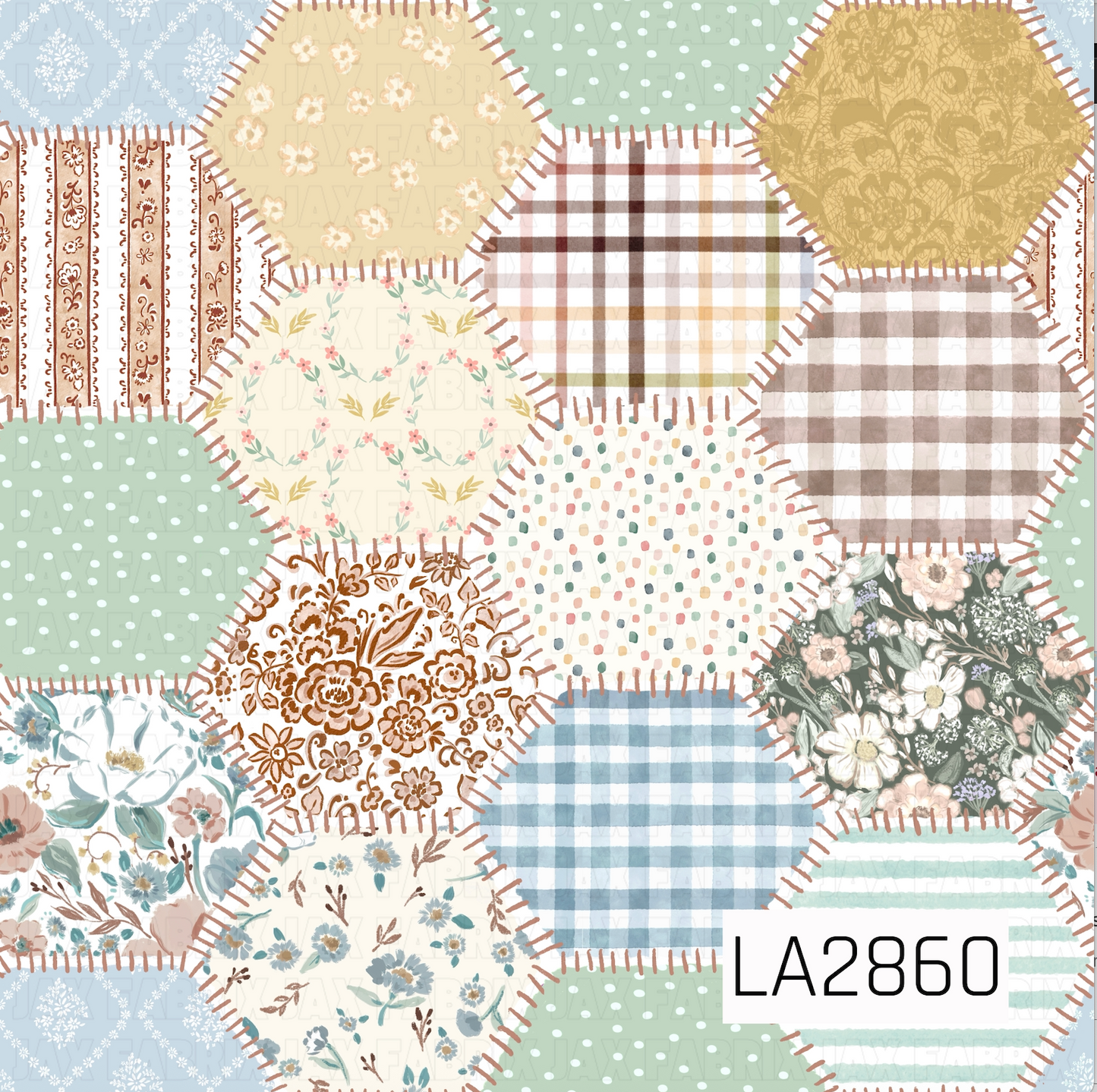 Hexagonal patchwork pattern with various textures and colors. a very vintage feel.
dots, florals, plaid, stripes