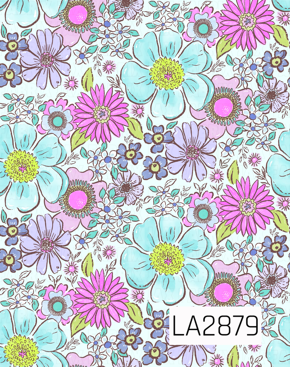 A charming floral pattern featuring oversized aqua blue blooms, bright pink daisies, soft lavender flowers, and tiny blue blossoms accented with fresh green leaves. Scattered across a pale aqua background, the colorful mix of aqua, pink, lavender, blue, and green creates a cheerful vintage-inspired design perfect for coordinating fabrics and bows.