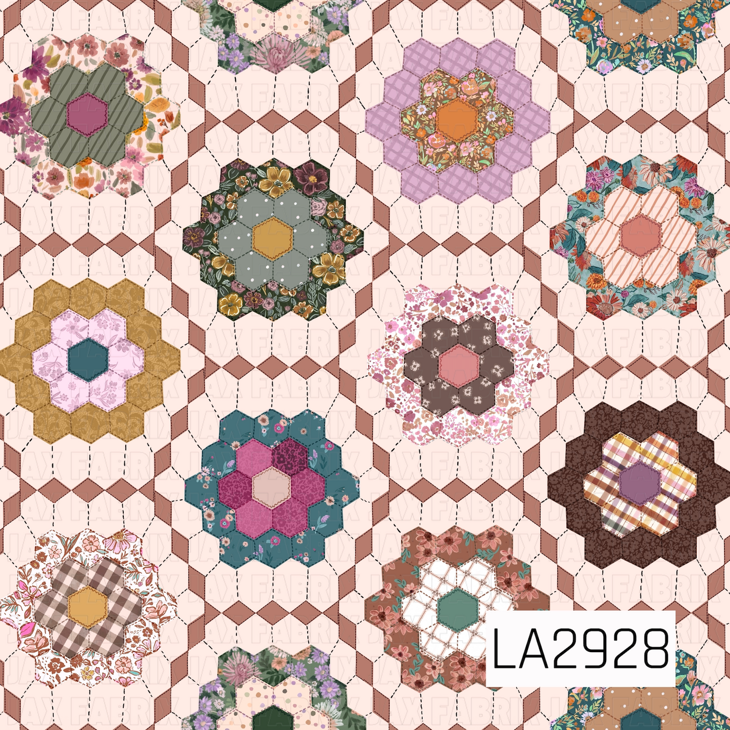 A charming patchwork-inspired pattern featuring floral hexagon quilt blocks arranged across a soft cappuccino cream background. Each quilt motif showcases a unique mix of florals, plaids, polka dots, and textured prints in warm shades of mauve, blush, teal, mustard, sage, and brown, creating a cozy handcrafted design with a timeless vintage quilt aesthetic.