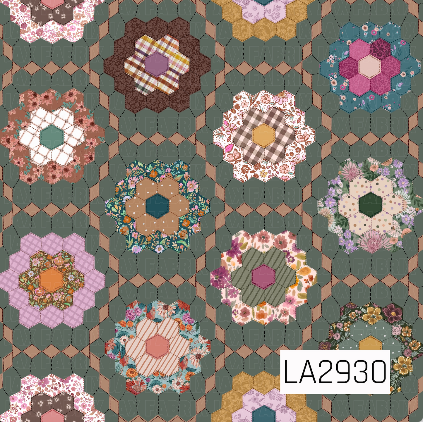 A charming patchwork-inspired pattern featuring floral hexagon quilt blocks arranged across a deep sage green background. Each quilt motif showcases a unique mix of florals, plaids, polka dots, and textured prints in warm shades of mauve, blush, teal, mustard, sage, and brown, creating a cozy handcrafted design with a timeless vintage quilt aesthetic.