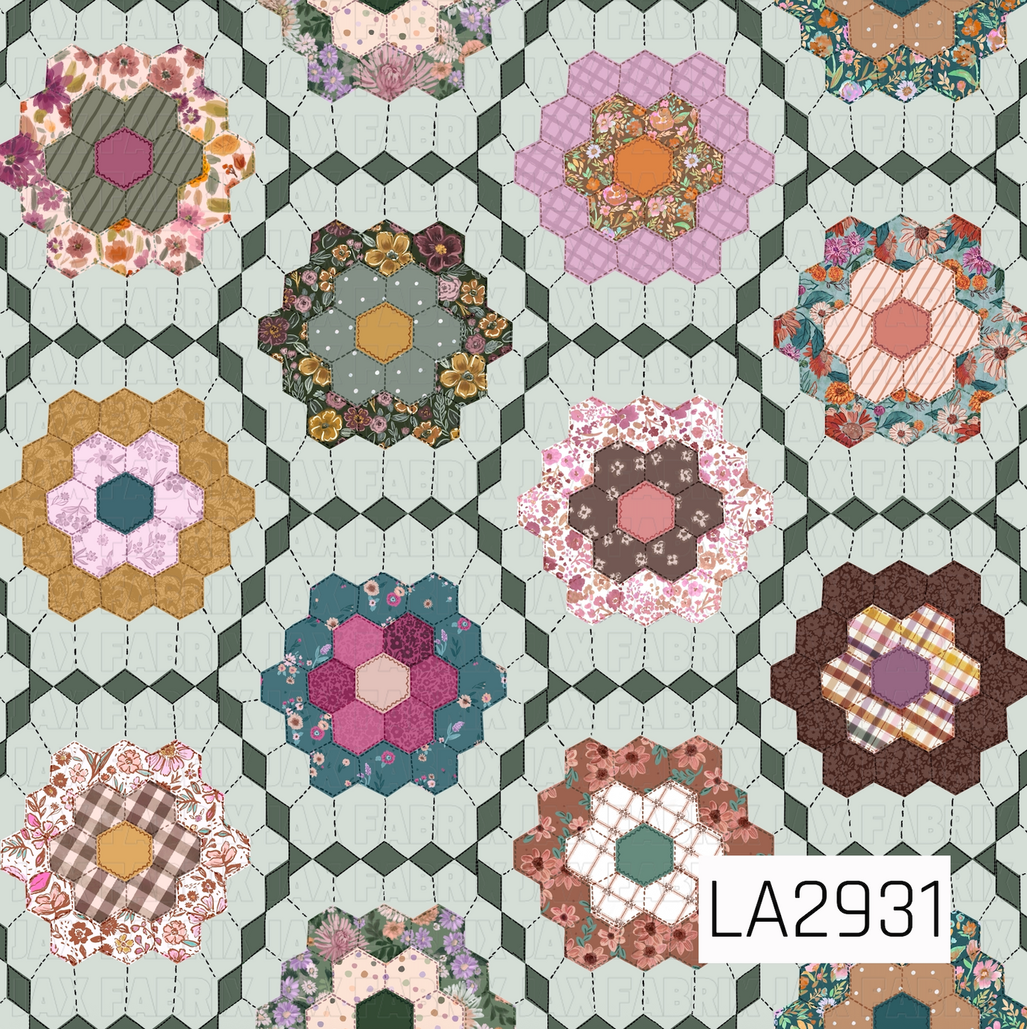 A charming patchwork-inspired pattern featuring floral hexagon quilt blocks arranged across a soft mint green background. Each quilt motif showcases a unique mix of florals, plaids, polka dots, and textured prints in warm shades of mauve, blush, teal, mustard, sage, and brown, creating a cozy handcrafted design with a fresh vintage quilt aesthetic.