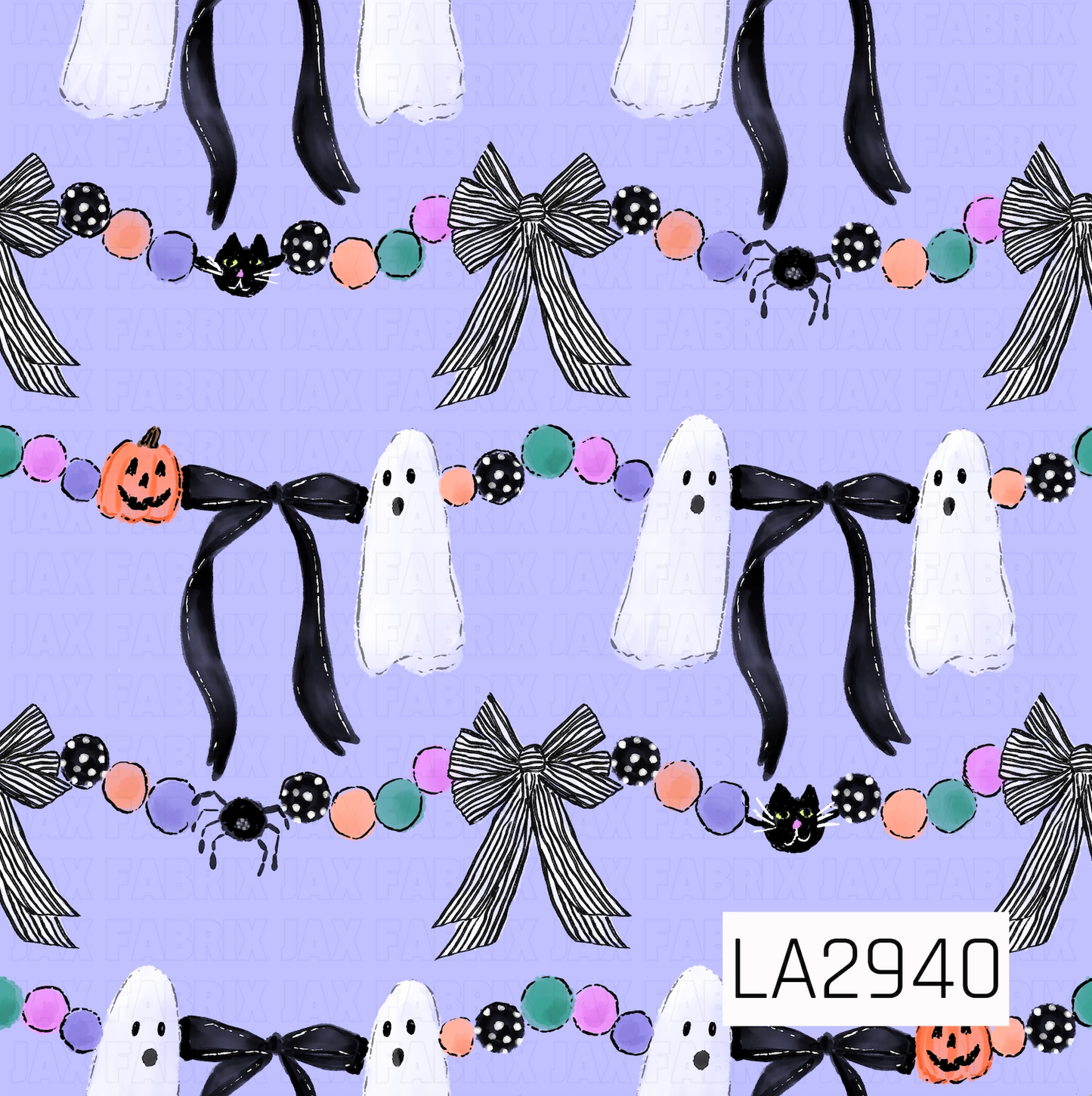 A whimsical Halloween garland pattern featuring adorable ghosts, flowing black ribbon bows, black-and-white striped bows, colorful pom-poms, playful spiders, mischievous black cats, and smiling jack-o'-lanterns on a light lavender background. The soft watercolor details and cheerful Halloween accents create a charming, festive design with a cute spooky vibe.