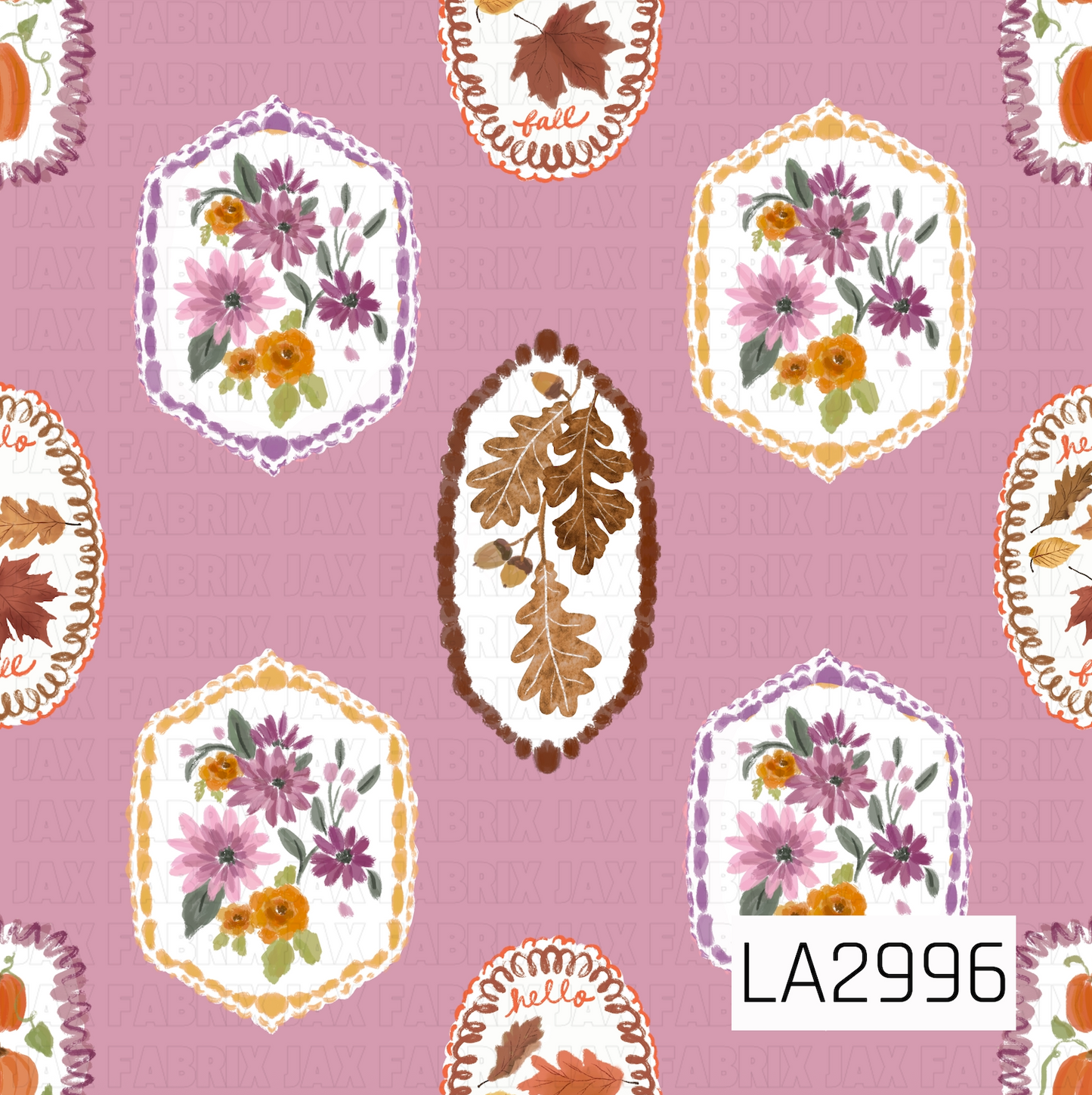 A charming fall panel featuring hand-painted floral frames, oak leaves, pumpkins, and autumn foliage set against a dusty mauve background. Warm oranges, rich browns, soft purples, and delicate florals create a cozy vintage feel that's perfect for fall and Thanksgiving collections.