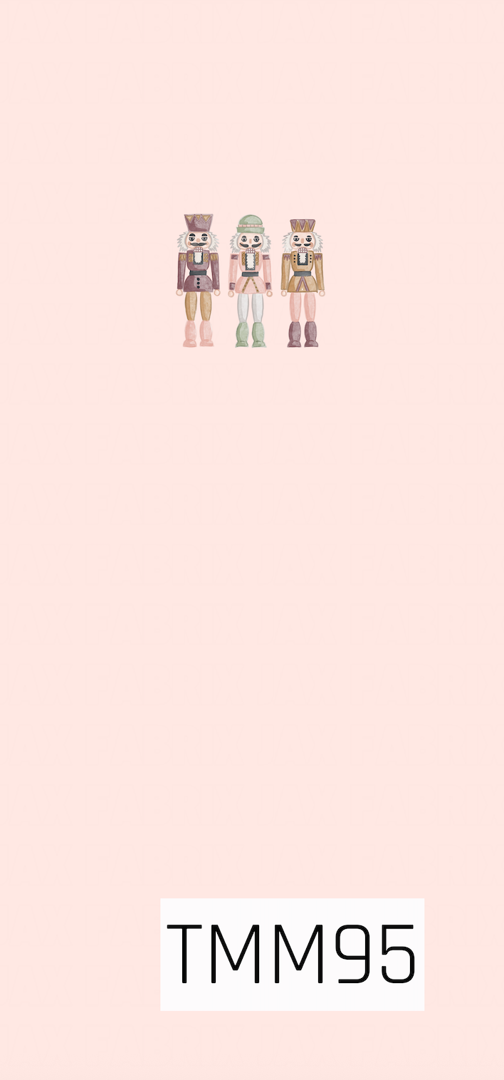 A sweet holiday panel featuring three hand-drawn nutcracker soldiers centered on a soft blush pink background. The nutcrackers are dressed in a charming mix of mauve, pink, sage green, cream, and muted gold for a whimsical, vintage-inspired Christmas look.