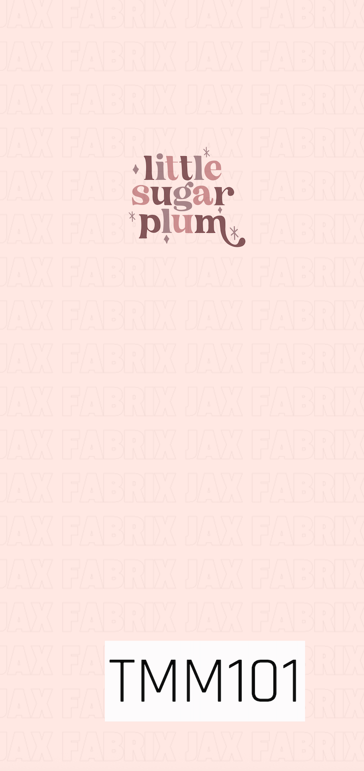 A sweet holiday panel featuring the phrase “Little Sugar Plum” in whimsical vintage-inspired lettering with delicate sparkle accents. The deep mauve typography stands out against a soft blush pink background, creating a charming, feminine Christmas design.