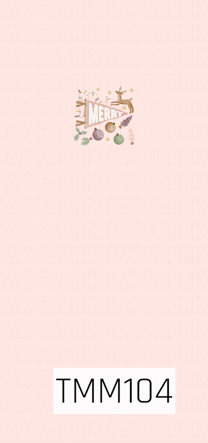 A festive Christmas panel featuring a vintage-style “Merry” pennant surrounded by whimsical holiday details including a reindeer, ornaments, holly, twinkle lights, stars, and miniature trees. Soft pink, sage green, lavender, and warm neutral tones sit against a blush pink background for a sweet retro holiday look.