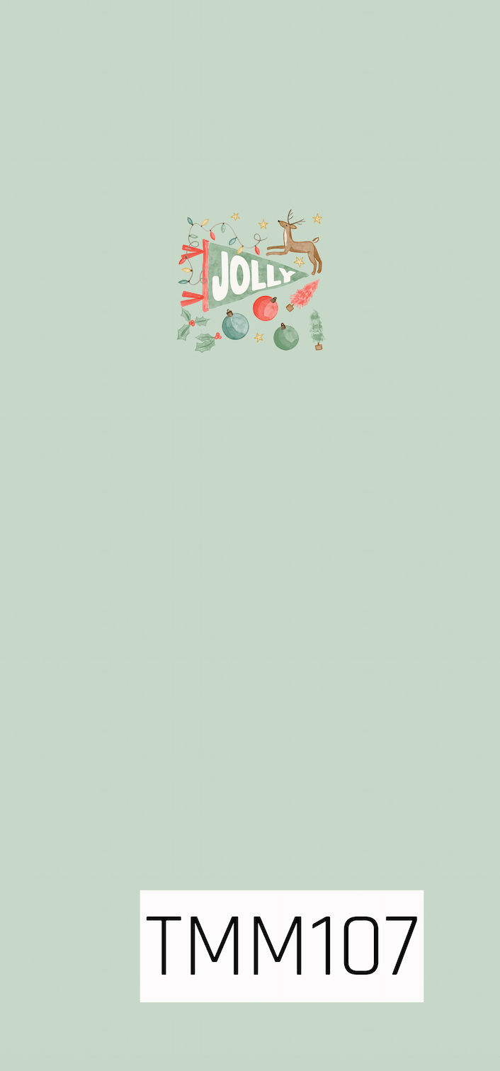 A cheerful Christmas panel featuring a retro “Jolly” pennant surrounded by a reindeer, colorful ornaments, holly, twinkle lights, stars, and whimsical trees. The soft mint green background paired with pops of red, green, and warm gold gives the design a playful vintage holiday feel.
