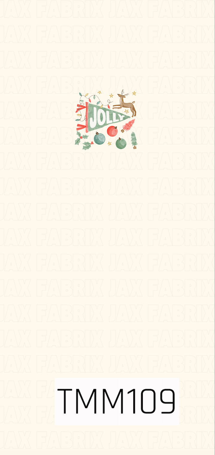A festive Christmas panel featuring a retro “Jolly” pennant surrounded by a reindeer, colorful string lights, ornaments, holly, stars, and whimsical holiday trees. The warm cream background pairs with soft red, green, teal, and gold tones for a playful vintage-inspired holiday look.