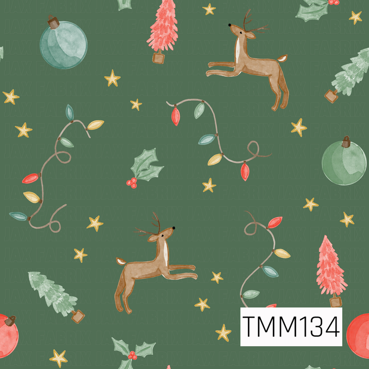 A whimsical watercolor Christmas pattern featuring leaping reindeer, colorful string lights, ornaments, holly, golden stars, and festive bottlebrush trees. Bright coral red, mint, teal, gold, and warm brown accents pop against a rich evergreen background for a playful holiday look.
