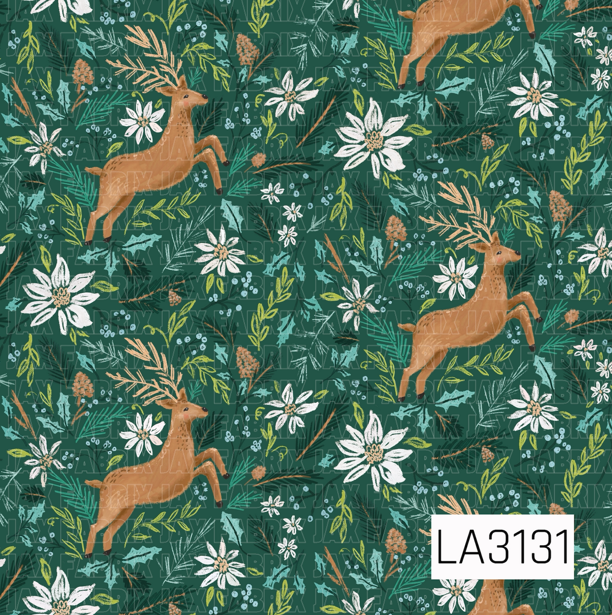 A hand-drawn woodland Christmas pattern featuring leaping brown reindeer surrounded by white winter florals, pine branches, holly leaves, berries, and leafy sprigs. Shades of teal, icy blue, olive green, and warm tan stand out against the deep forest green background.