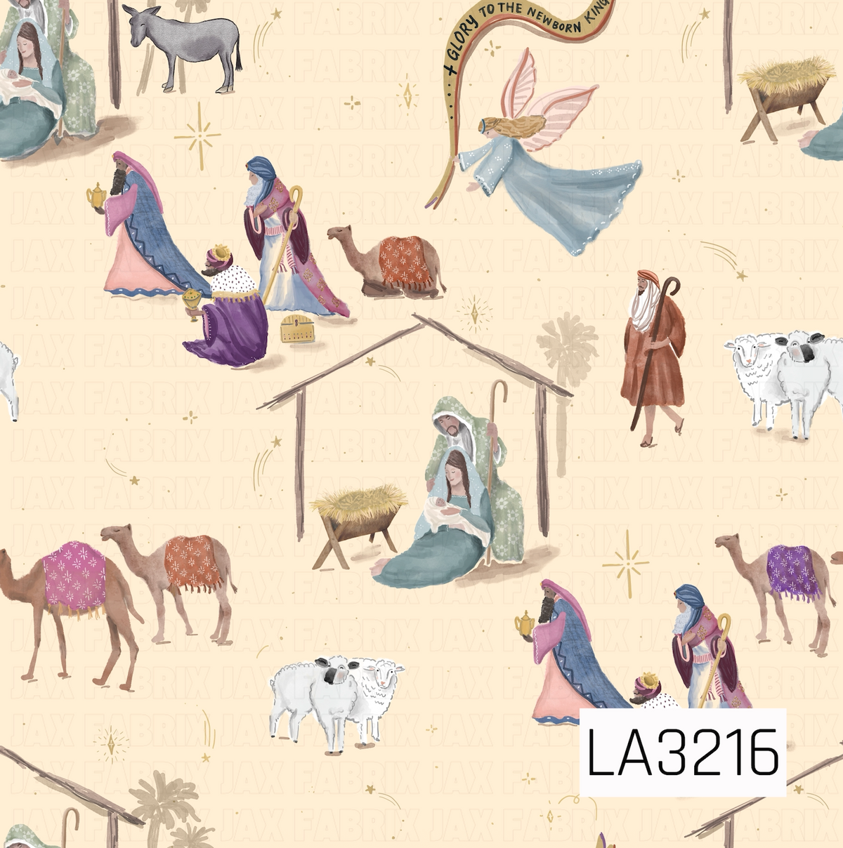 A whimsical watercolor nativity pattern featuring Mary, Joseph, baby Jesus, the three wise men, shepherds, camels, sheep, a donkey, angels, and the manger. Golden stars and celestial accents are scattered throughout, with “Glory to the Newborn King” incorporated into the design on a warm pale yellow background.