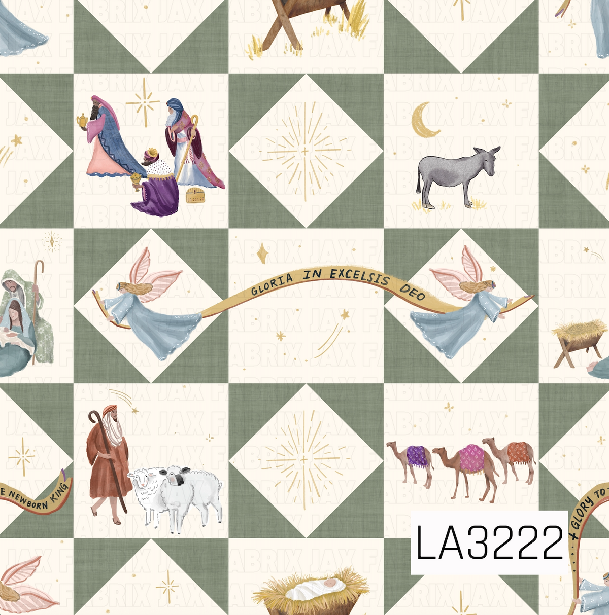 A watercolor patchwork quilt pattern featuring nativity scenes, wise men, angels, shepherds, sheep, camels, a donkey, and manger imagery. Soft sage green textured quilt blocks and geometric star shapes are paired with warm cream, dusty blues, pinks, and golden celestial accents for a cozy, traditional Christmas look.