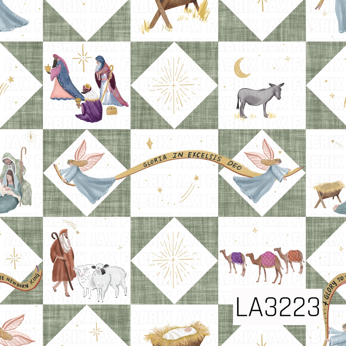 A watercolor patchwork quilt pattern featuring nativity scenes, wise men, angels, shepherds, sheep, camels, a donkey, and manger imagery. Textured sage green quilt blocks and geometric star shapes are paired with crisp white, dusty blues, pinks, purples, and golden celestial accents for a soft, traditional Christmas look.