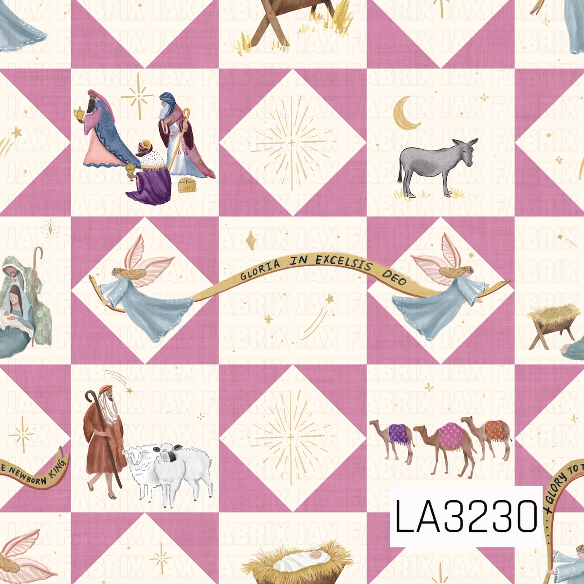 A watercolor patchwork quilt pattern featuring nativity scenes with wise men, angels, shepherds, sheep, camels, a donkey, and manger details. Soft dusty pink quilt blocks contrast with a warm cream background, accented by delicate golden stars, celestial details, and flowing banners.