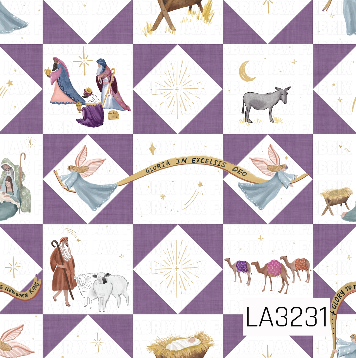 A watercolor patchwork quilt pattern featuring nativity scenes with wise men, angels, shepherds, sheep, camels, a donkey, and manger details. Muted purple textured quilt blocks contrast with soft white squares, accented by delicate golden stars, celestial details, and flowing banners.