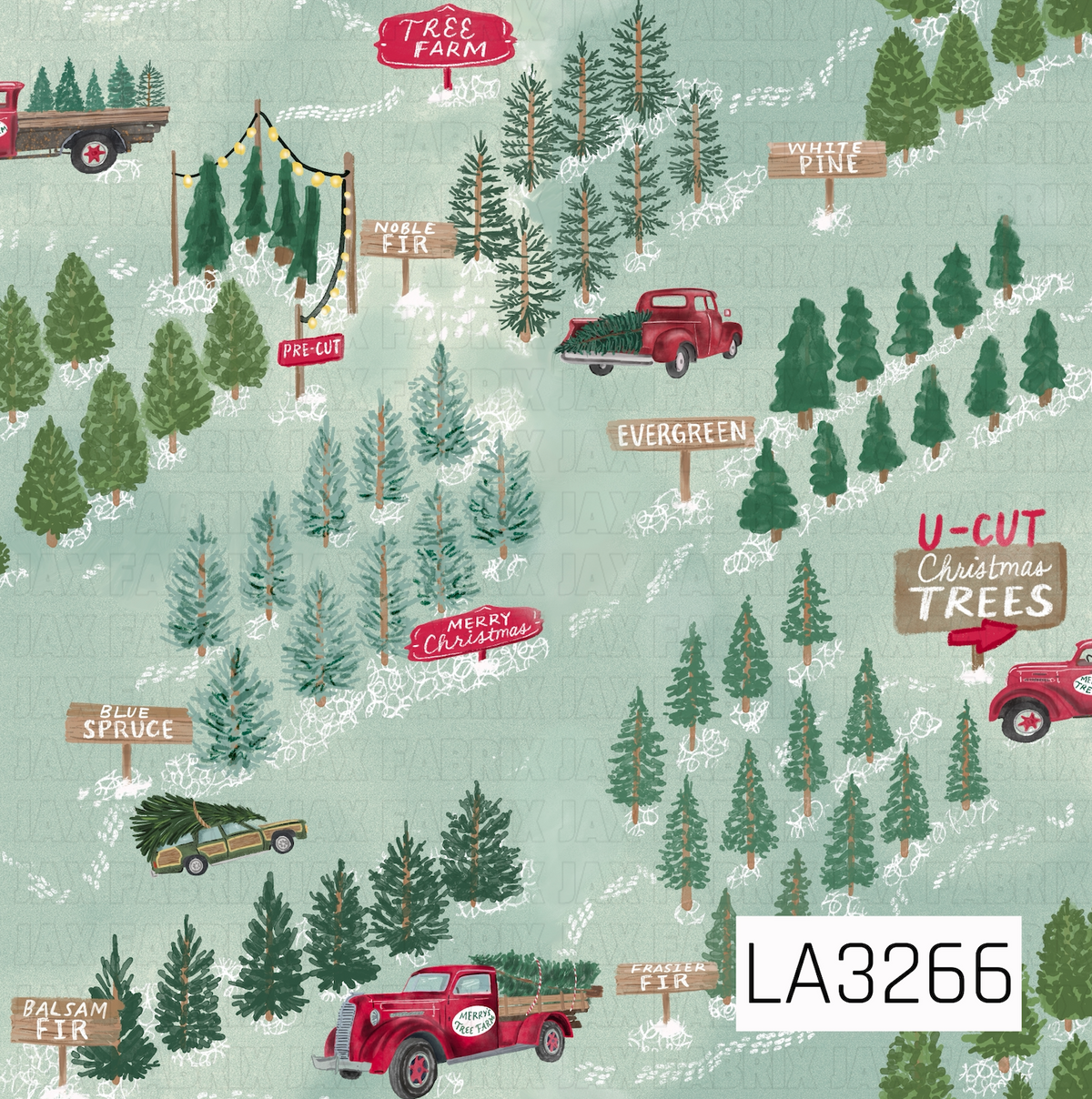 A whimsical Christmas tree farm pattern featuring clusters of hand-painted evergreen trees in varying shades of green and blue-green. Vintage red trucks and a station wagon carry freshly cut trees, while rustic wooden signs label varieties like Balsam Fir, Blue Spruce, Noble Fir, White Pine, and Fraser Fir, all scattered across a soft sage green background.
