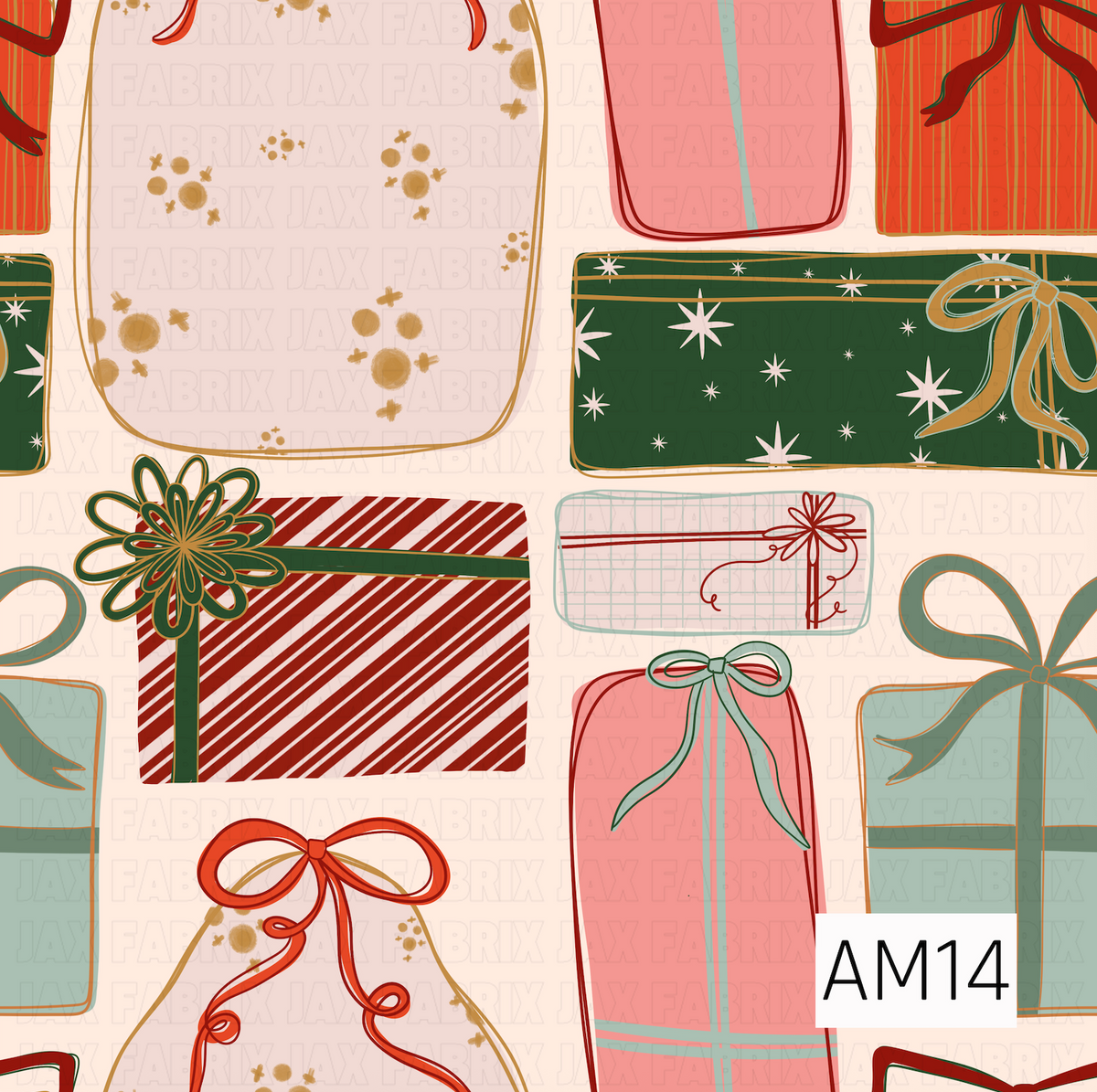 A playful Christmas gift pattern featuring an assortment of hand-drawn wrapped presents in festive reds, pinks, greens, mint, cream, and gold. Each package has its own unique details, including stripes, plaid, sparkles, ribbons, and oversized bows, all arranged on a soft cream background.