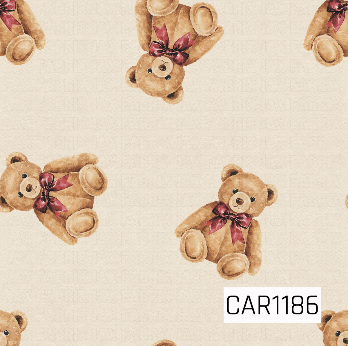 A sweet vintage-inspired pattern featuring watercolor teddy bears wearing rich burgundy bows, scattered across a warm cream background. The soft neutral tones and classic teddy bear illustrations give it a cozy, nostalgic feel.