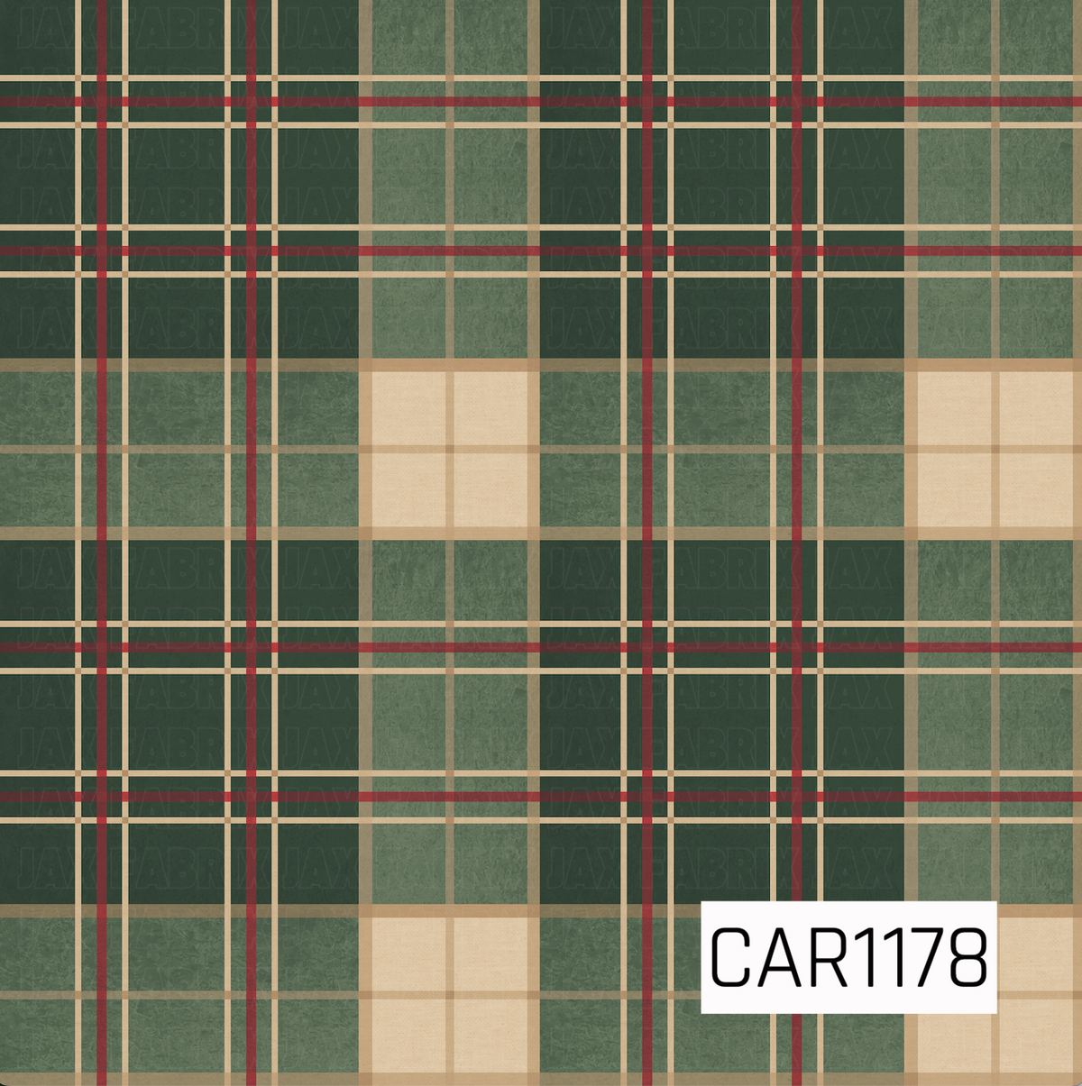 A classic Christmas plaid featuring deep forest green, muted sage, warm cream, and rich red. Layered thin and bold stripes create a traditional tartan-inspired pattern with a softly textured, vintage finish.